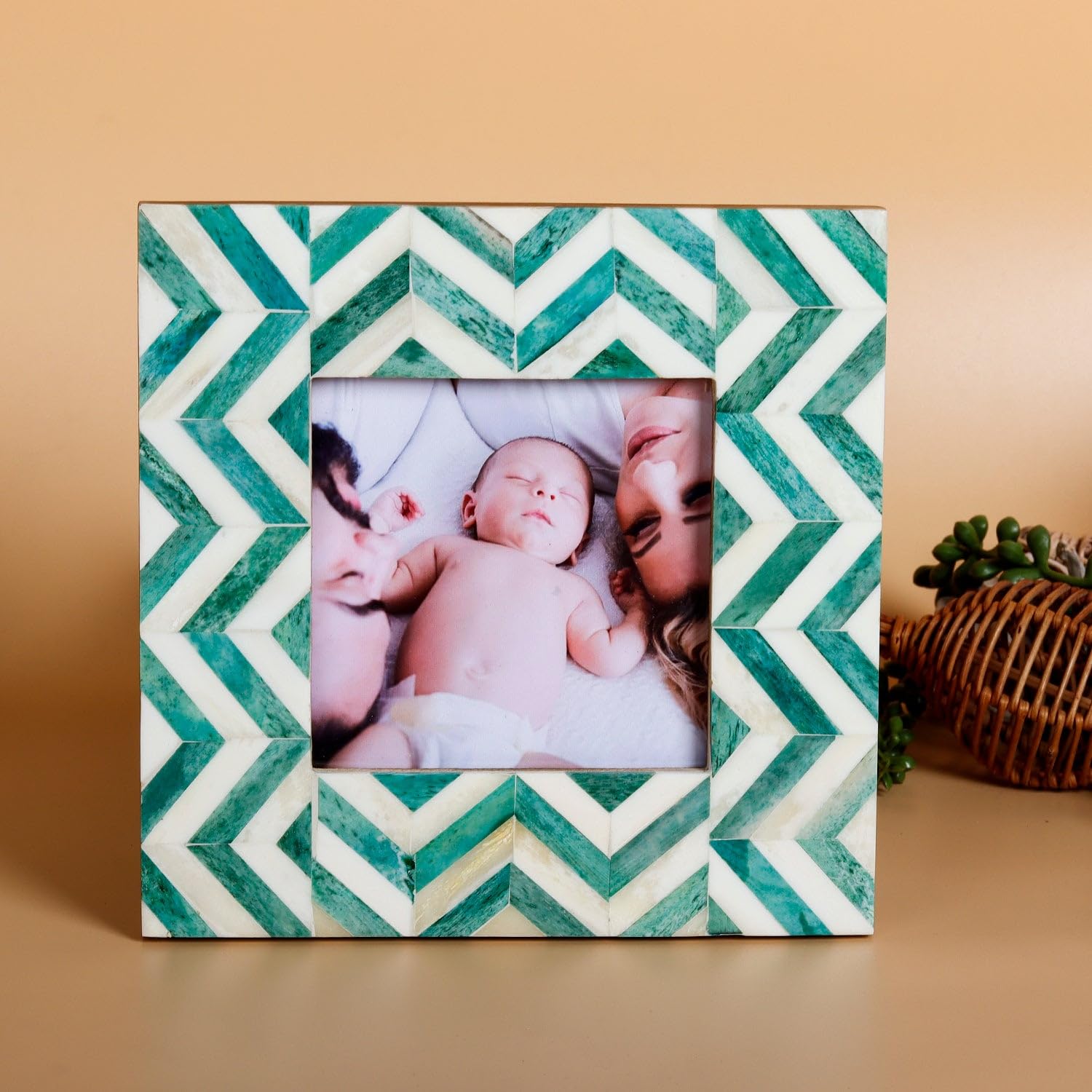 Picture Frames Herringbone Pattern Bone Inlay Collection in 2 Sizes, Green