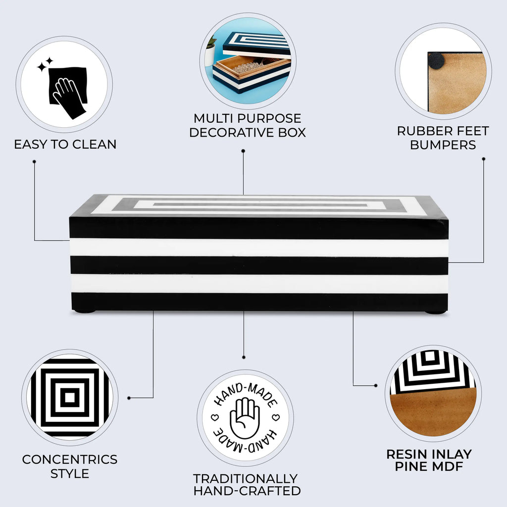 Medley Concentrics Pattern Decorative Storage Box, Resin Inlay in 8 Sizes, Black & White