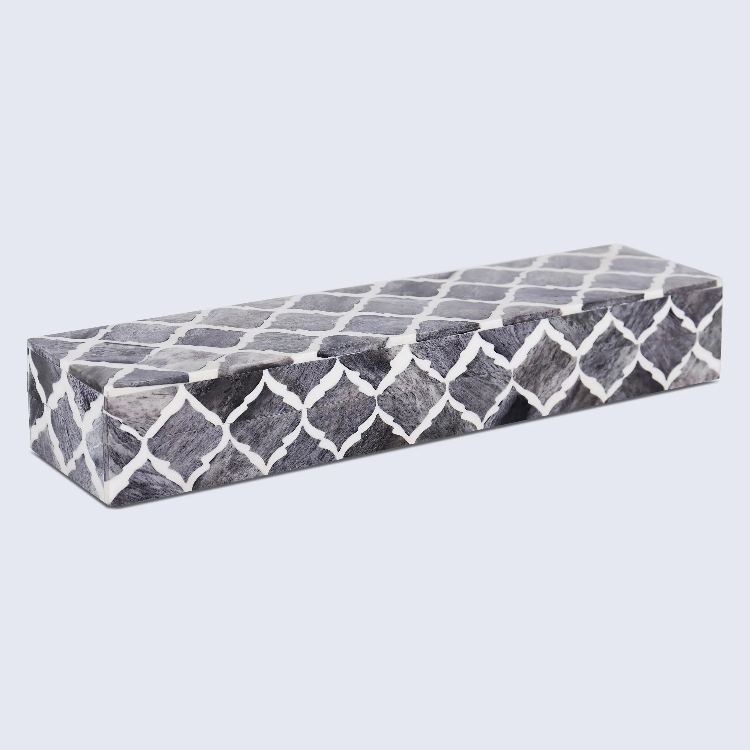 Moroccan Pattern Decorative Storage Box, Bone & Resin Inlay in 7 Sizes, Grey & White