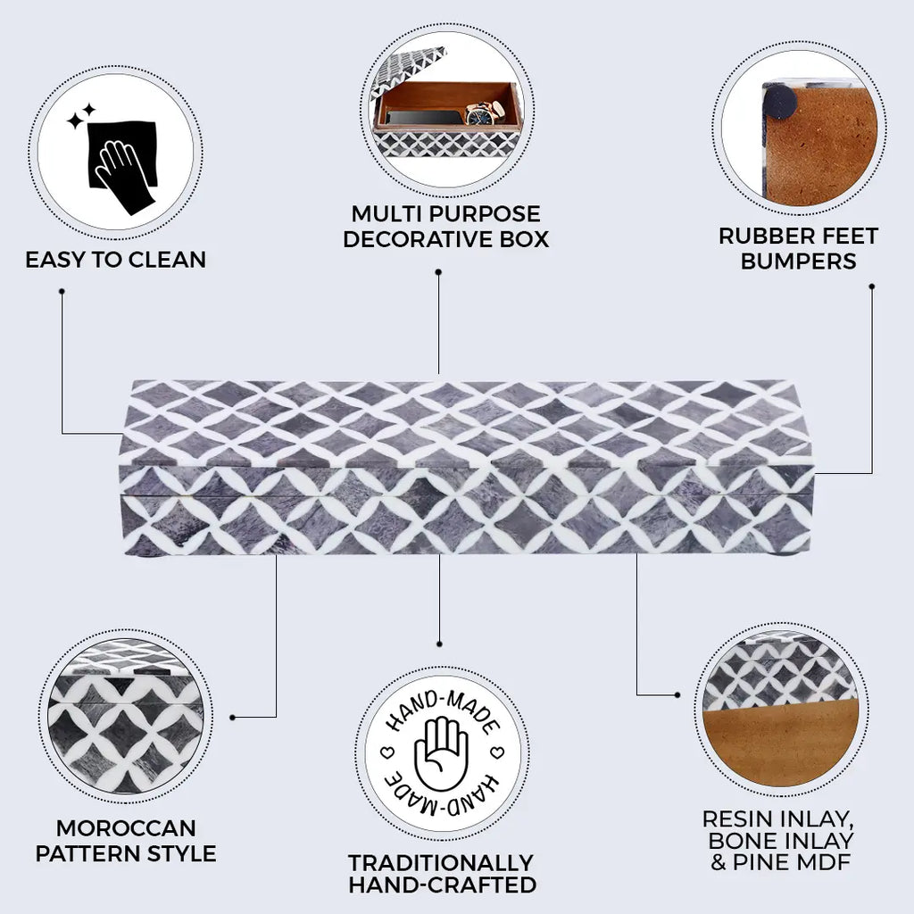 Star Pattern Decorative Storage Box, Bone & Resin Inlay in 7 Sizes, Grey