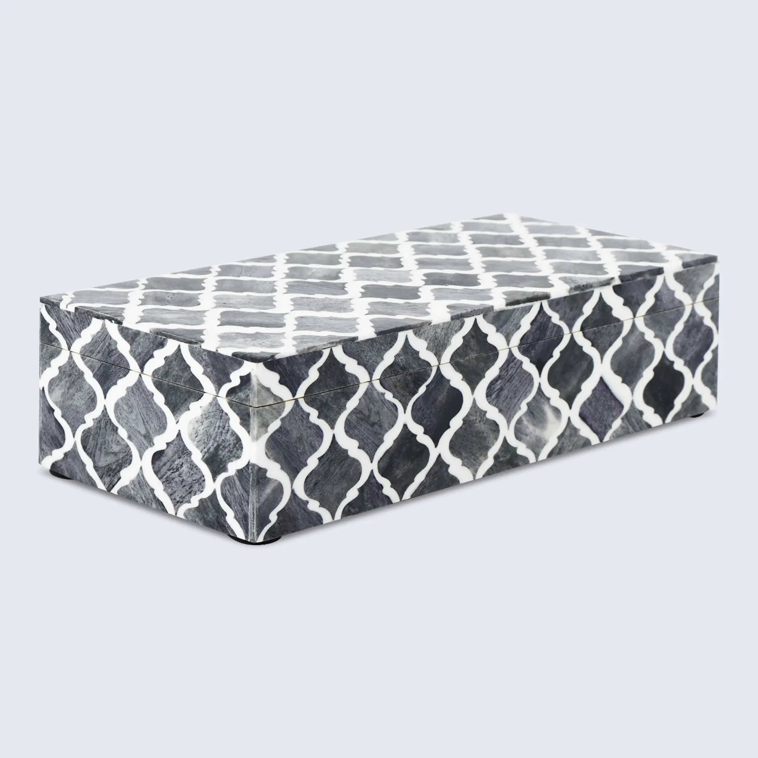 Moroccan Pattern Decorative Storage Box, Bone & Resin Inlay in 7 Sizes, Grey & White
