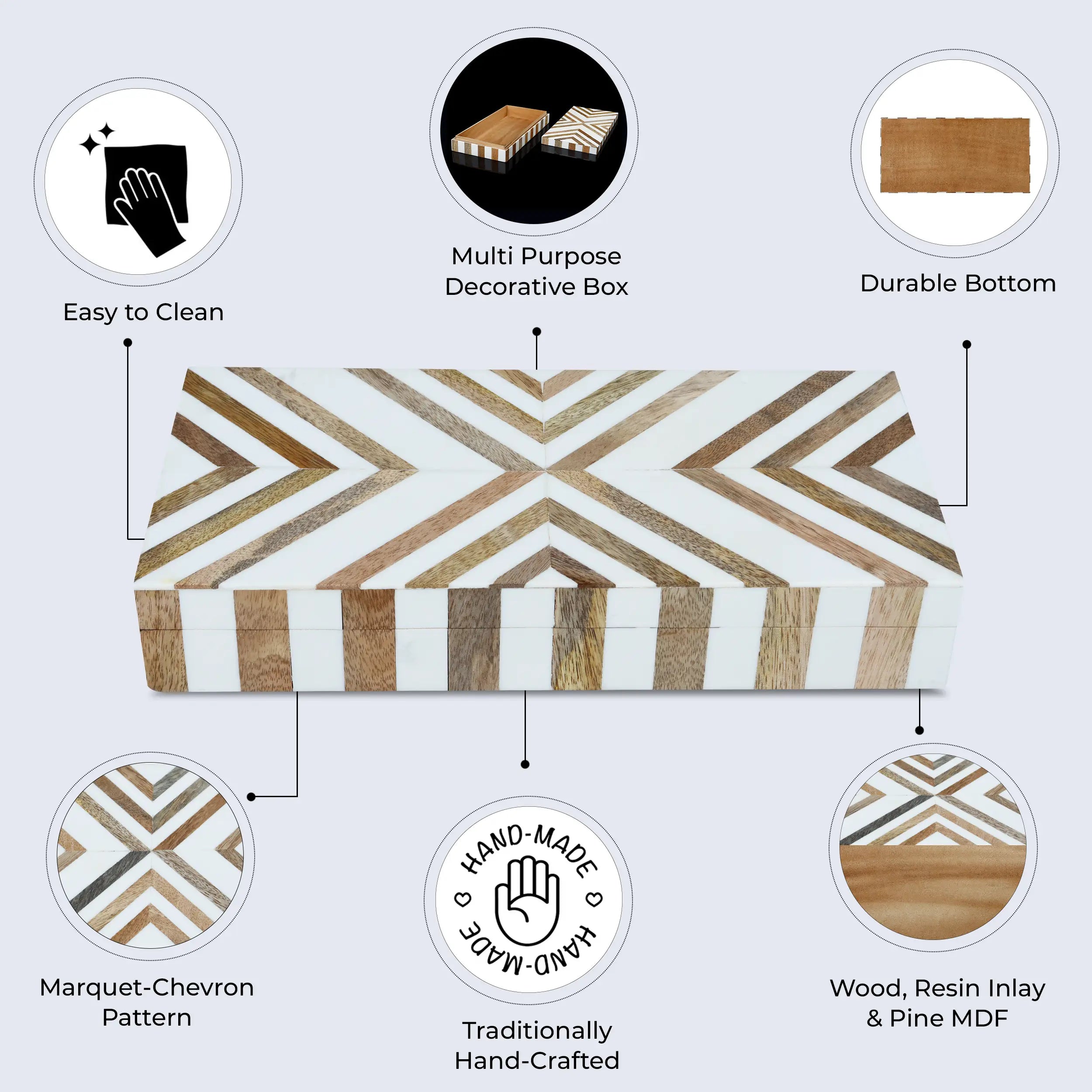 Marquet Chevron Resin & Wood Inlay Decorative Storage Box - 8 Sizes