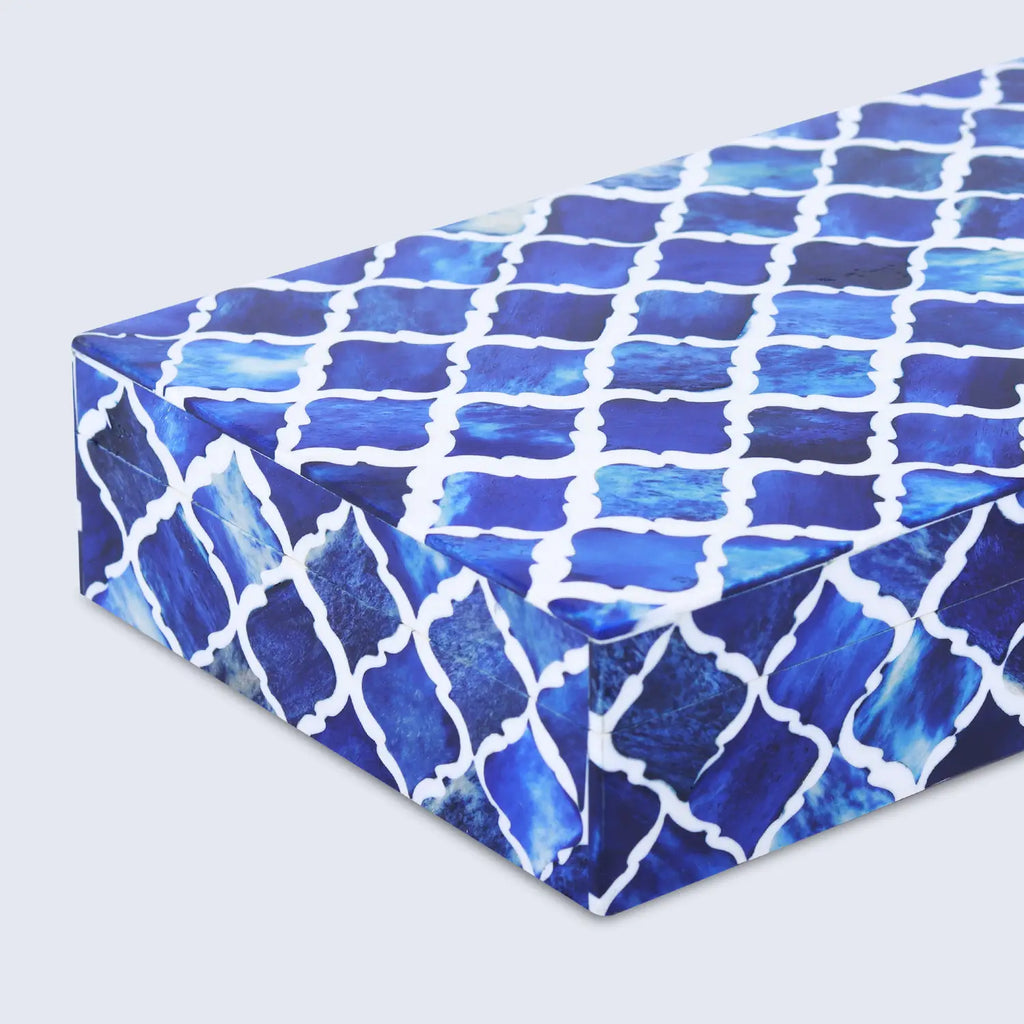 Moroccan Pattern Decorative Storage Box, Bone & Resin Inlay in 7 Sizes, Blue & White