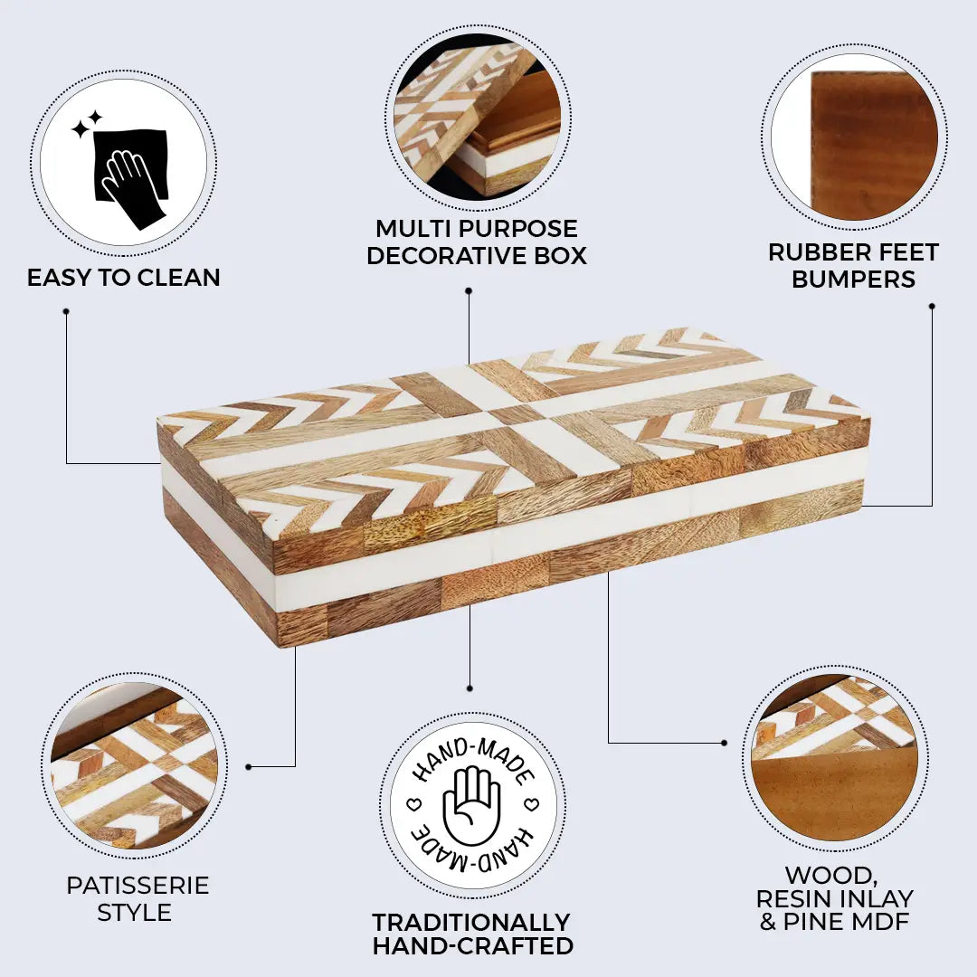 Patisserie Adorn Pattern Decorative Storage Box, Resin & Wood Inlay in 7 Sizes, Brown-White