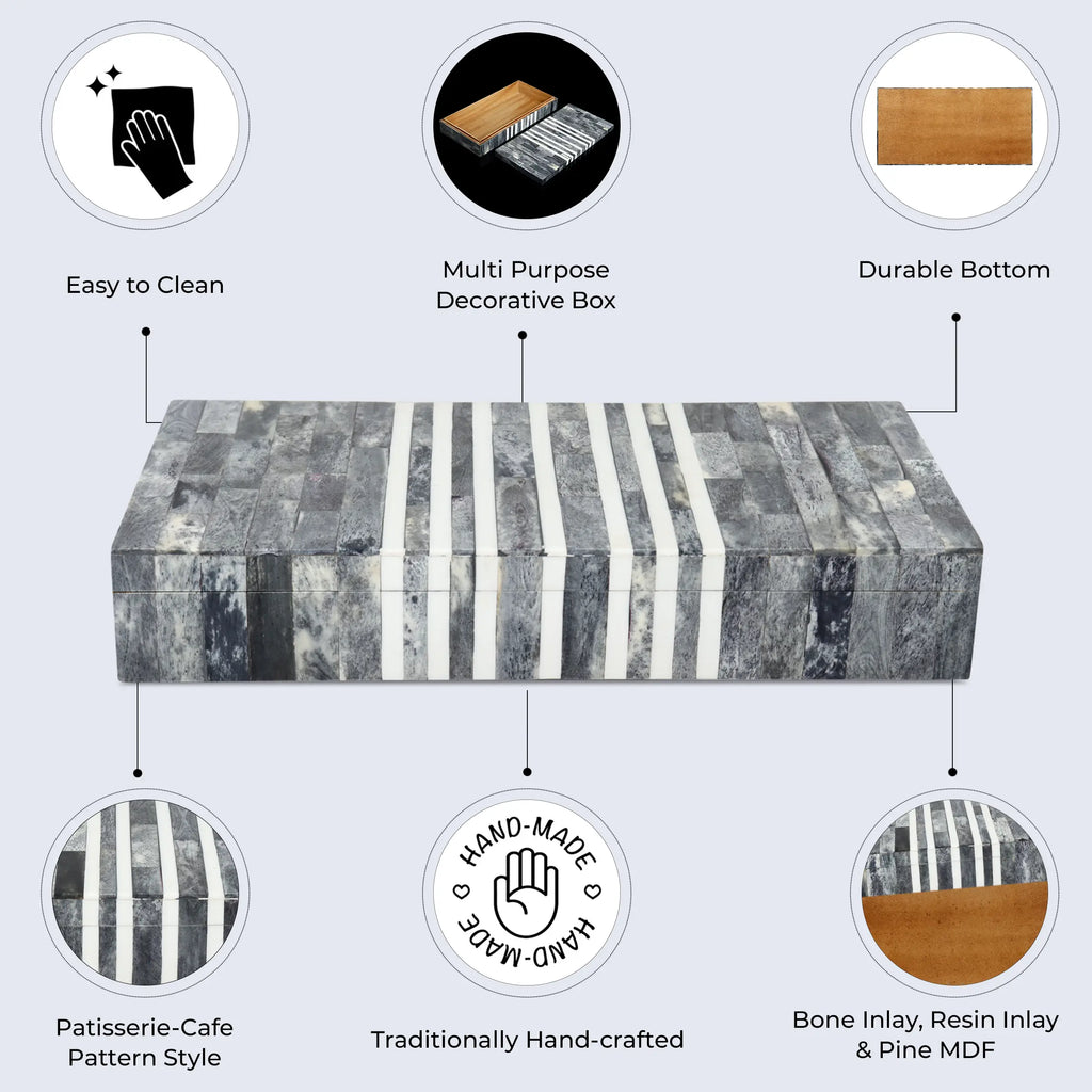 Patisserie Cafe Pattern Decorative Storage Box, Bone & Resin Inlay in 7 Sizes, Grey