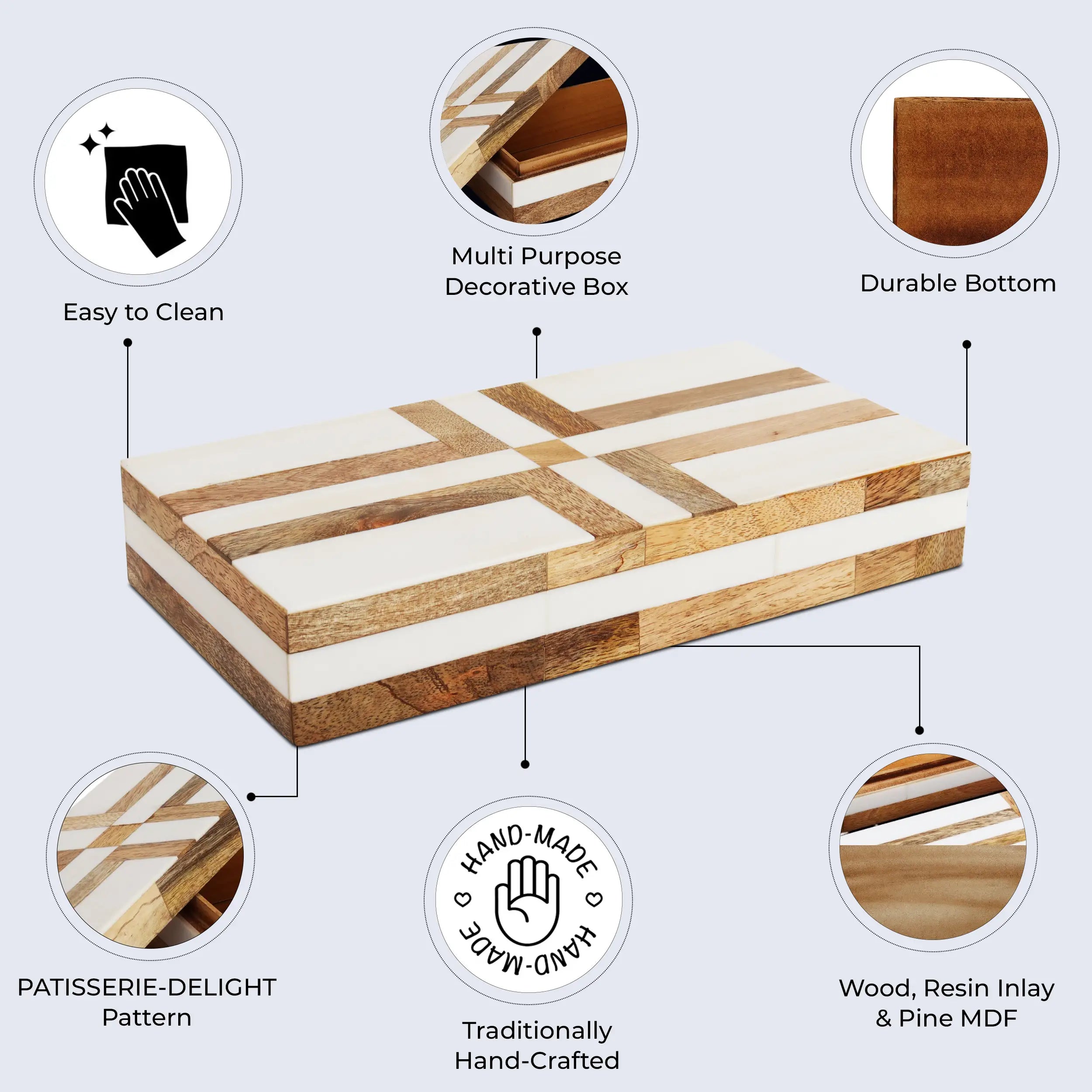 Patisserie Delight Pattern Decorative Storage Box, Resin & Wood Inlay in 7 Sizes, Brown-White