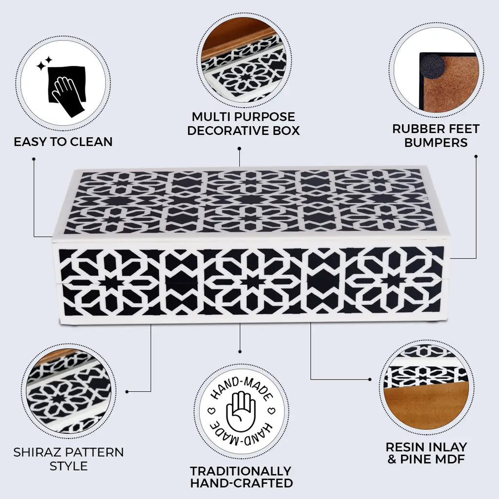 Shiraz Pattern Decorative Storage Box, Resin Inlay in 7 Sizes, Black & White