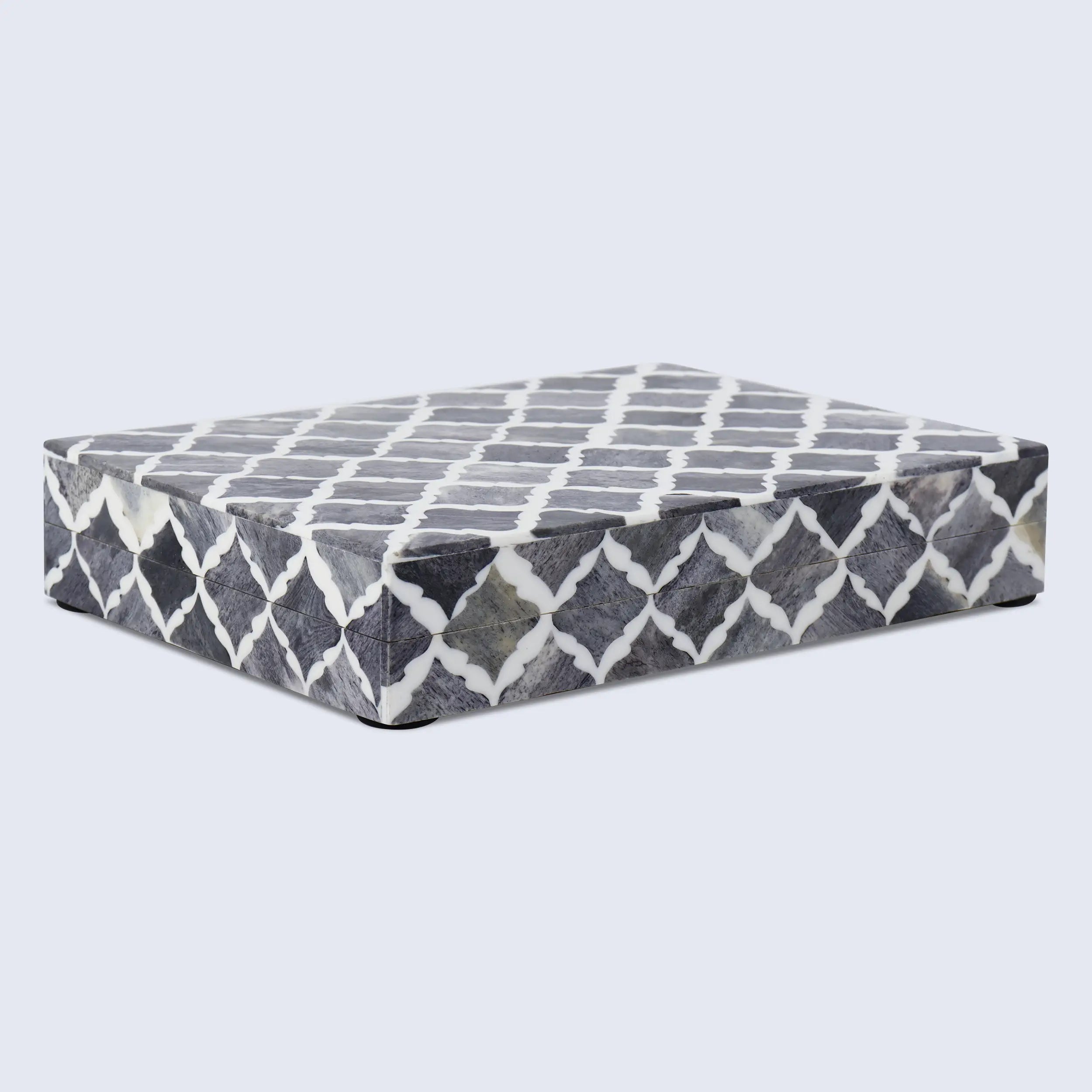 Moroccan Pattern Decorative Storage Box, Bone & Resin Inlay in 7 Sizes, Grey & White
