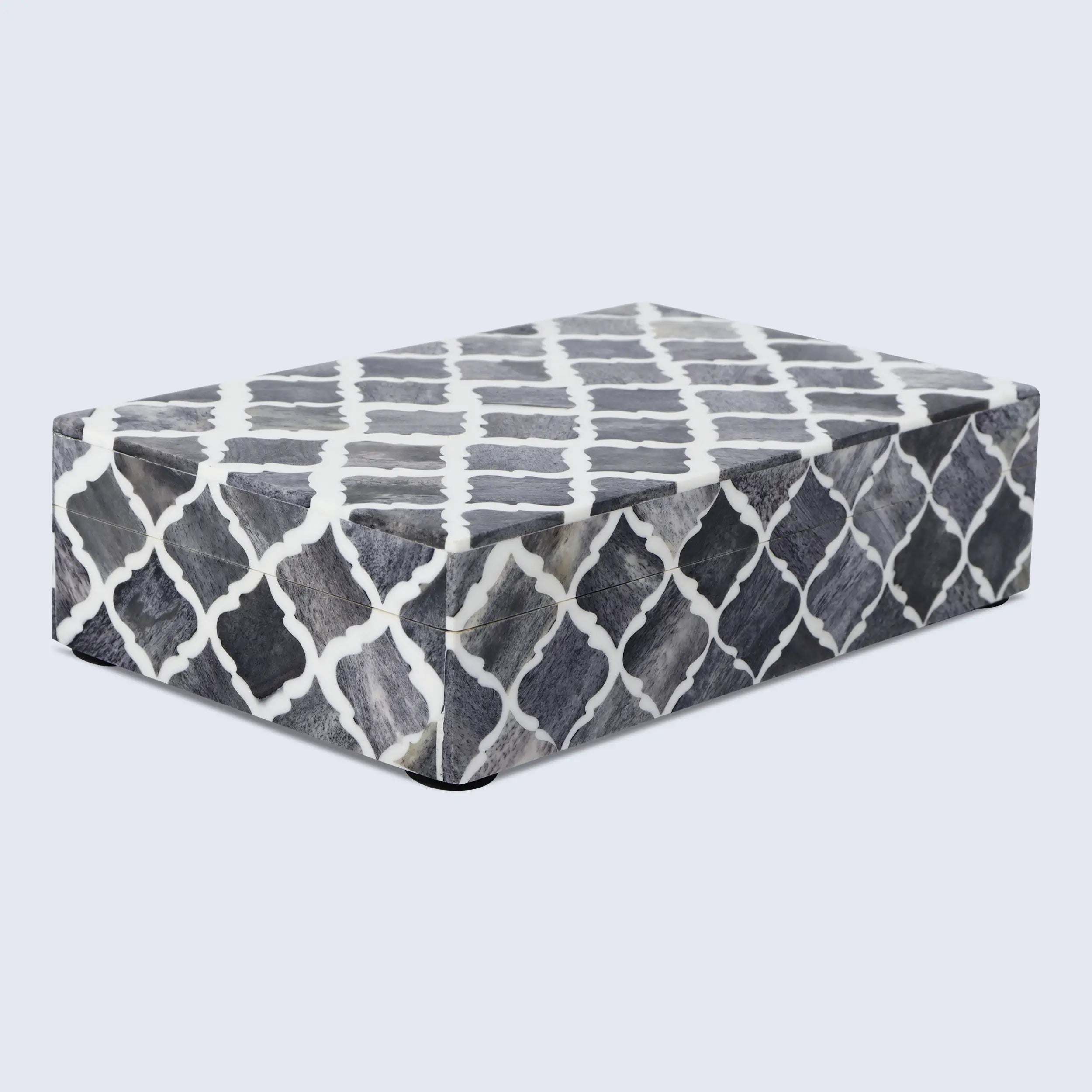 Moroccan Pattern Decorative Storage Box, Bone & Resin Inlay in 7 Sizes, Grey & White