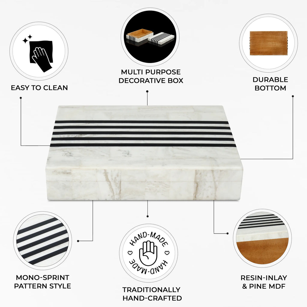 Mono Sprint Pattern Decorative Storage Box, Bone & Resin Inlay in 7 Sizes, Black-White