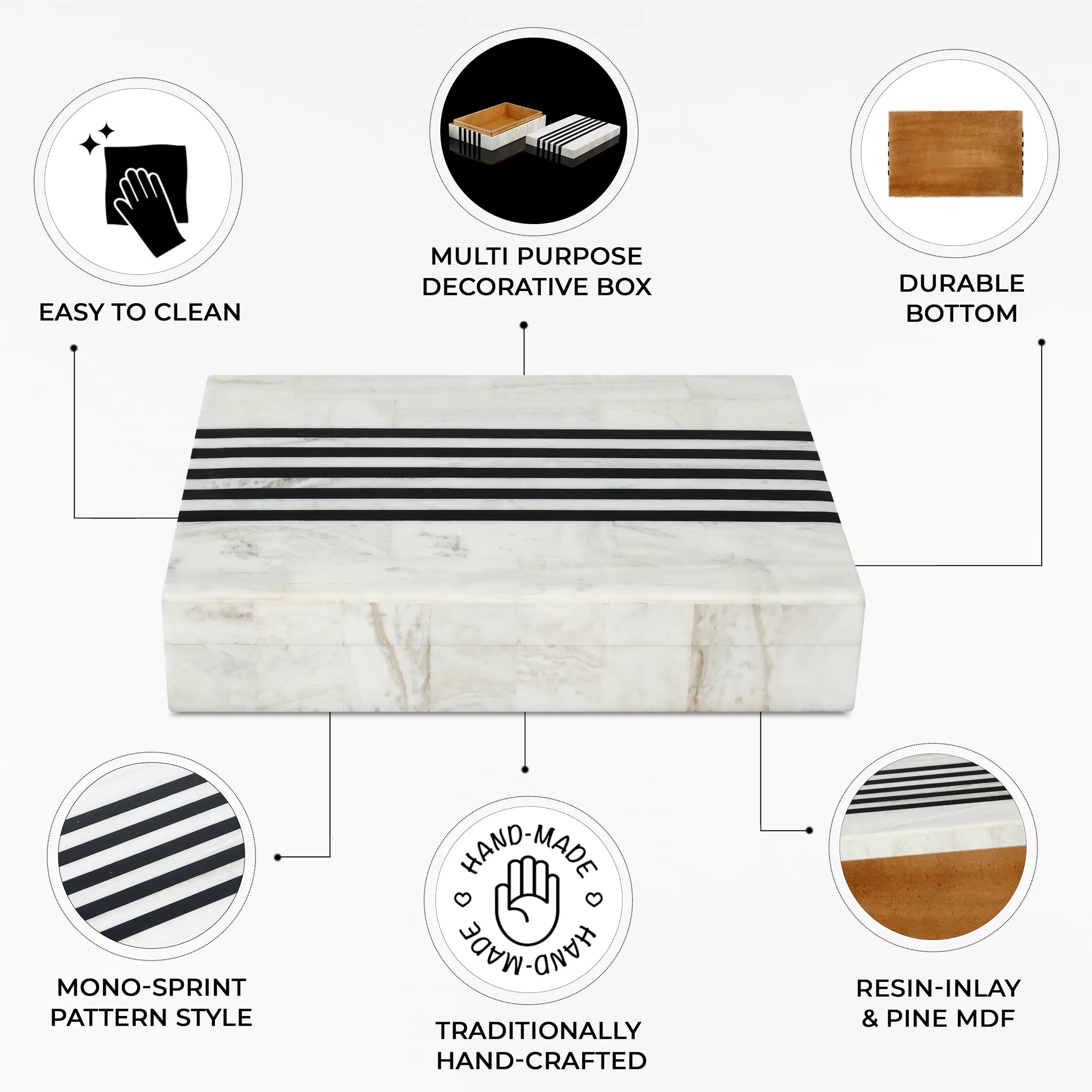 Mono Sprint Pattern Decorative Storage Box, Bone & Resin Inlay in 7 Sizes, Black-White