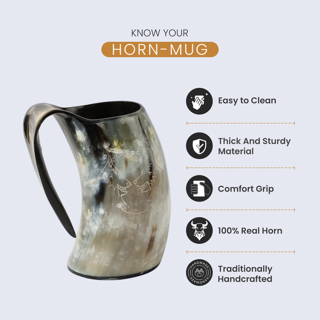 Horn Whiskey Mugs - Holds Upto 6.5 oz, Twin Wolf