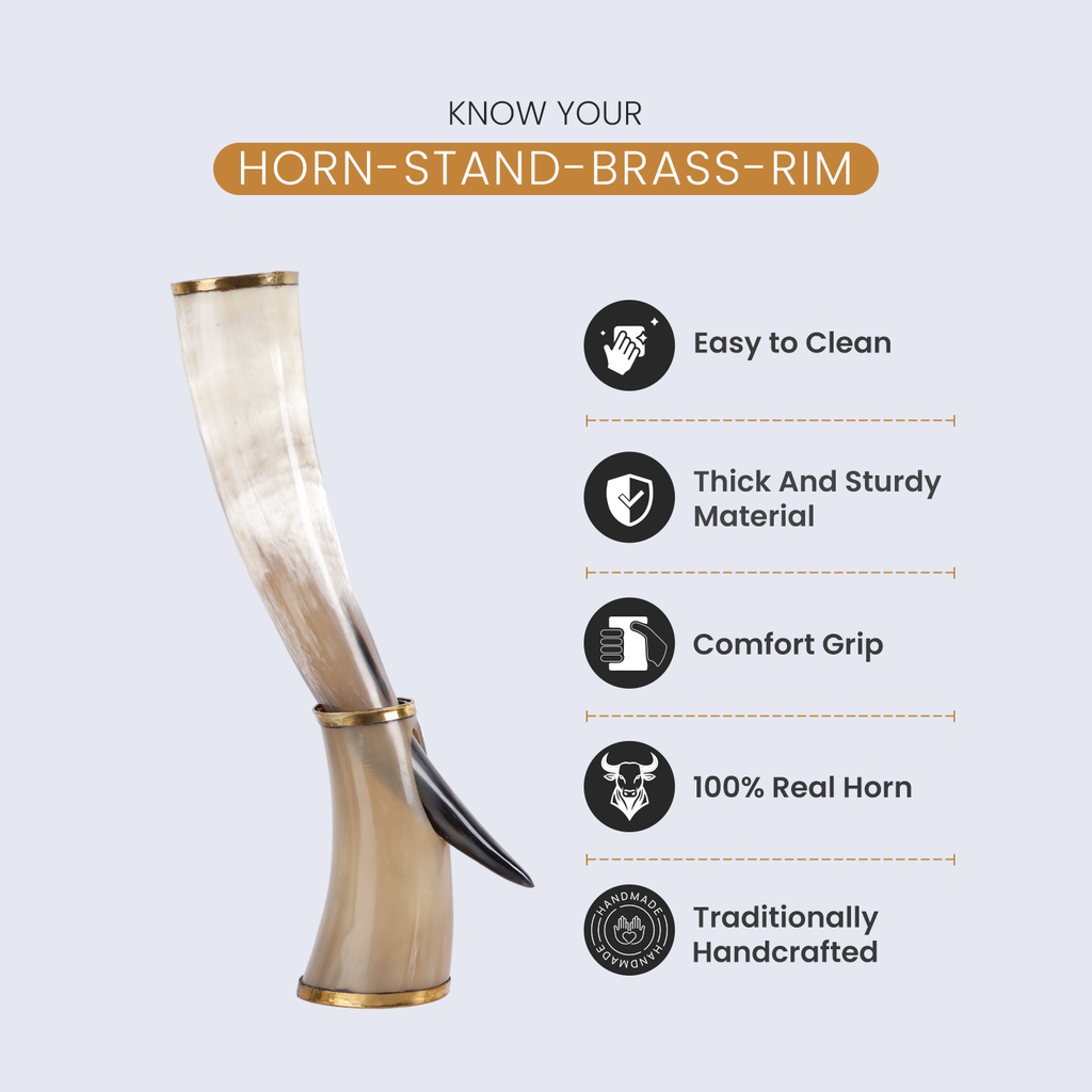 Drinking Horn with Stand - Holds Upto 16 oz, Metallic Finish