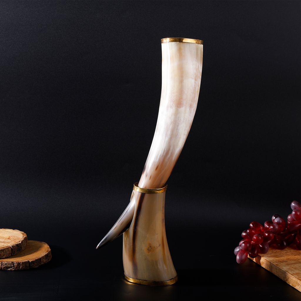 Drinking Horn with Stand - Holds Upto 16 oz, Metallic Finish