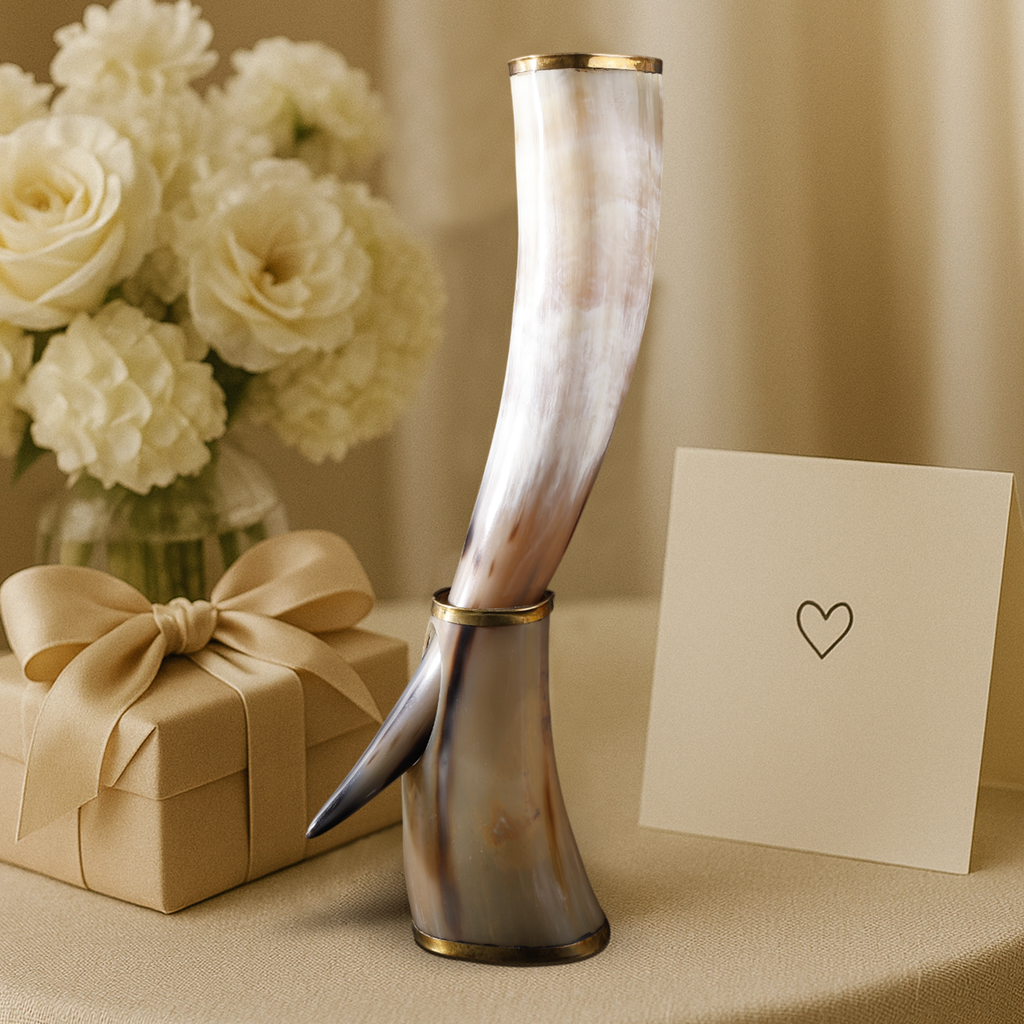 Drinking Horn with Stand - Holds Upto 16 oz, Metallic Finish