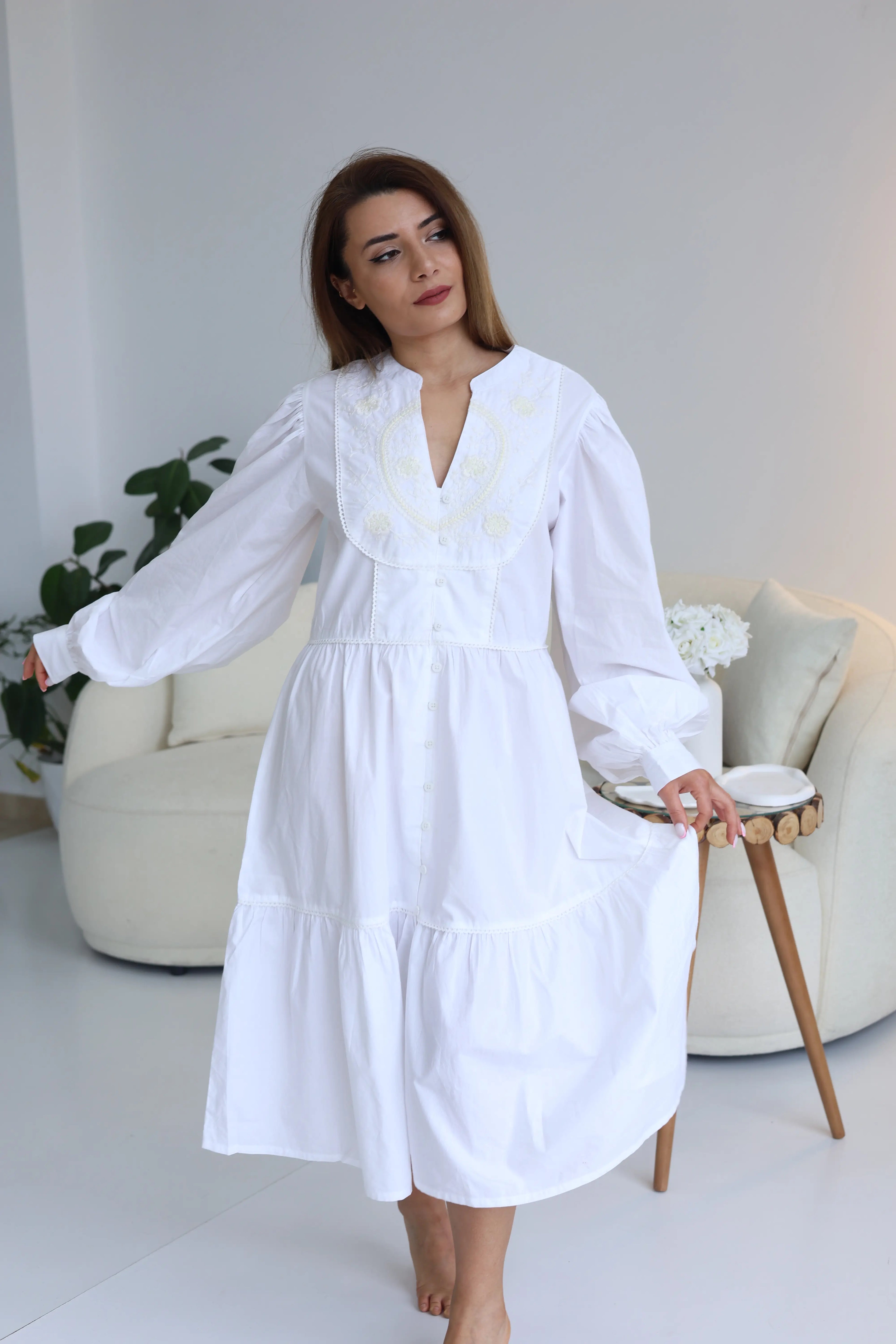 Tonal Embroidered Off White Casual Midi Dress - S to 3XL