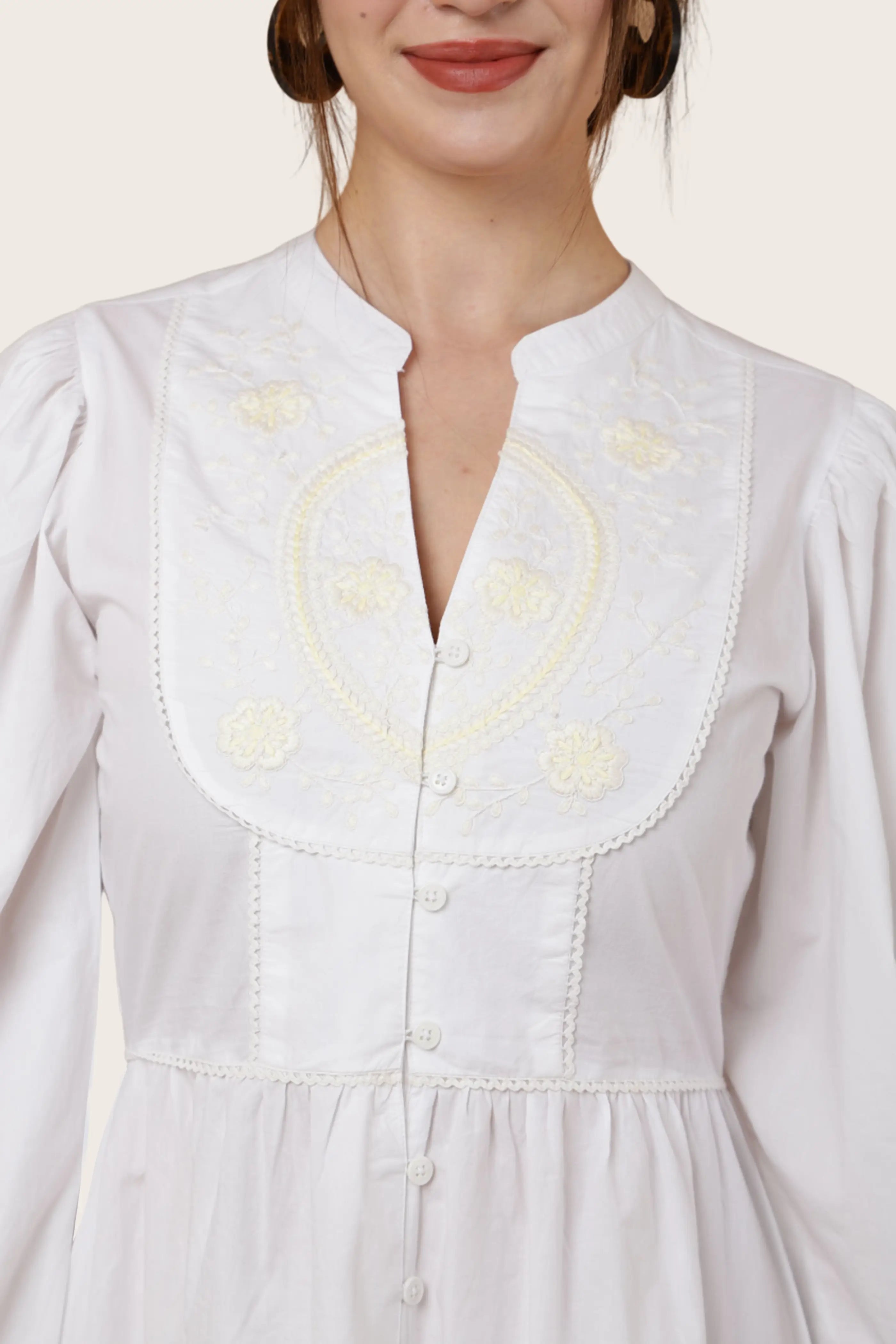 Tonal Embroidered Off White Casual Midi Dress - S to 3XL