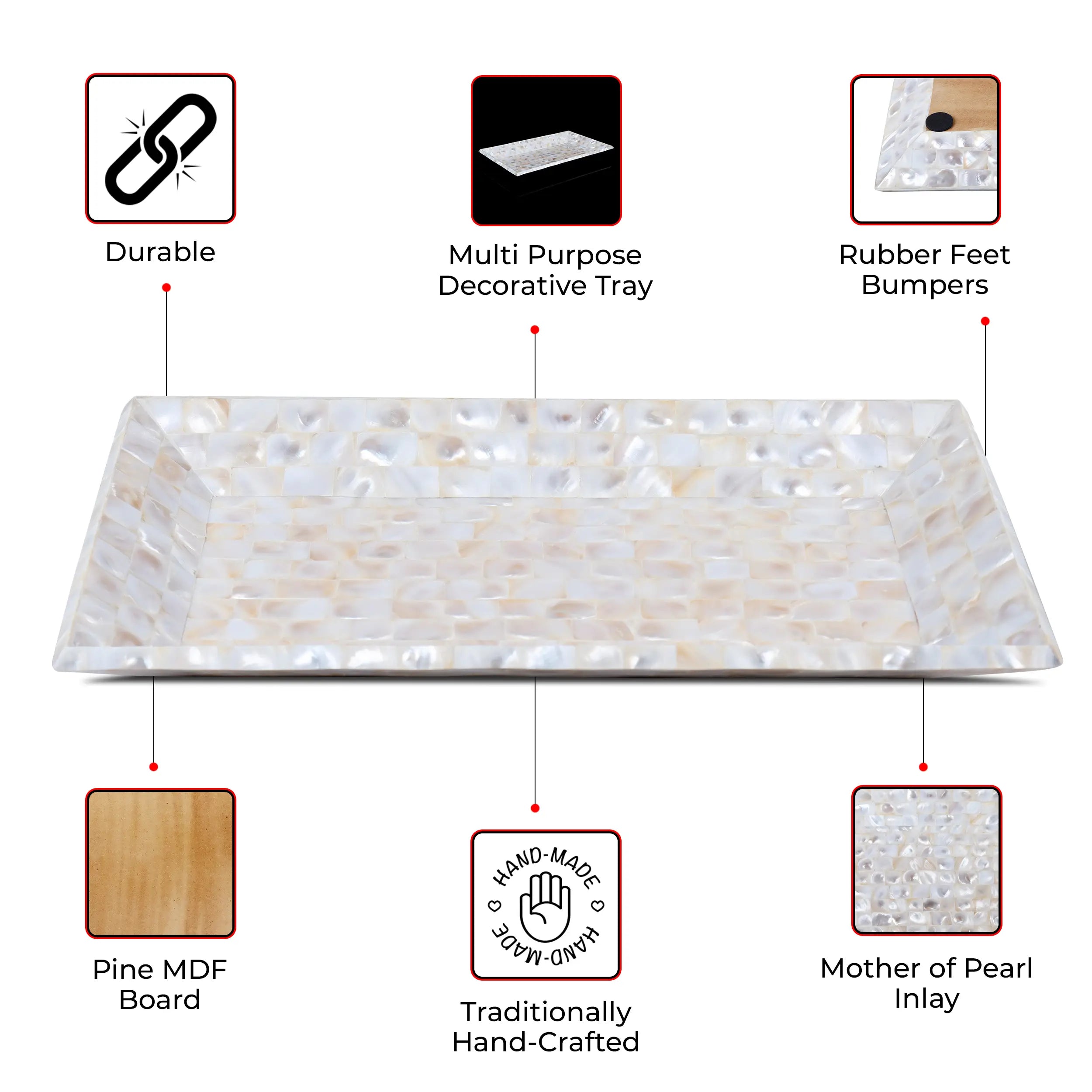 Decorative Tray Mother of Pearl Collection in 12x7 Inch, White