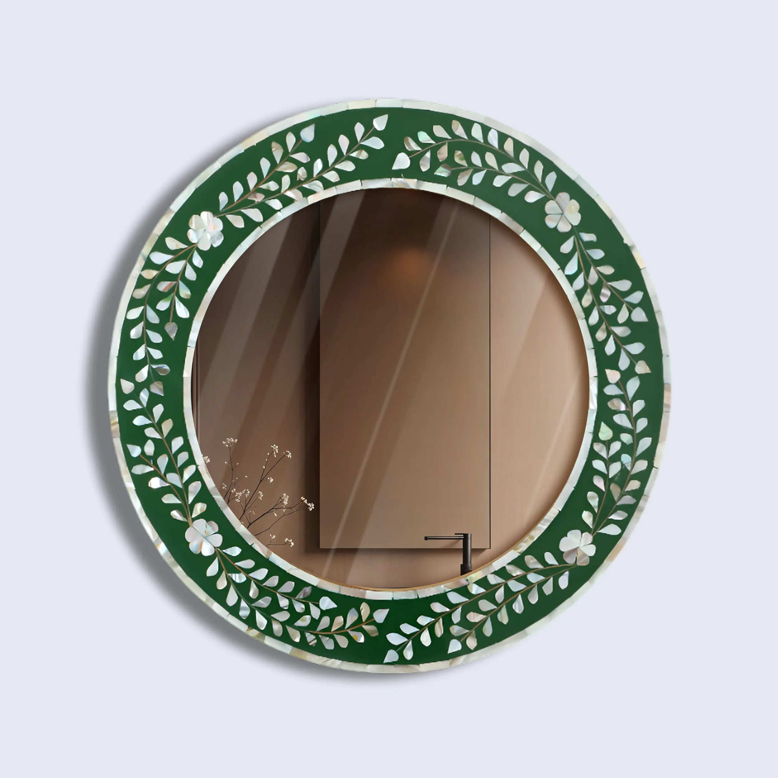 Make To Order Round Mother of Pearl & Resin Inlay Wall Hanging Green Mirror Frame- 12" Dia