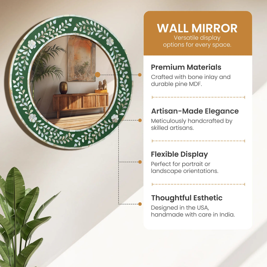 Make To Order Round Mother of Pearl & Resin Inlay Wall Hanging Green Mirror Frame- 12" Dia