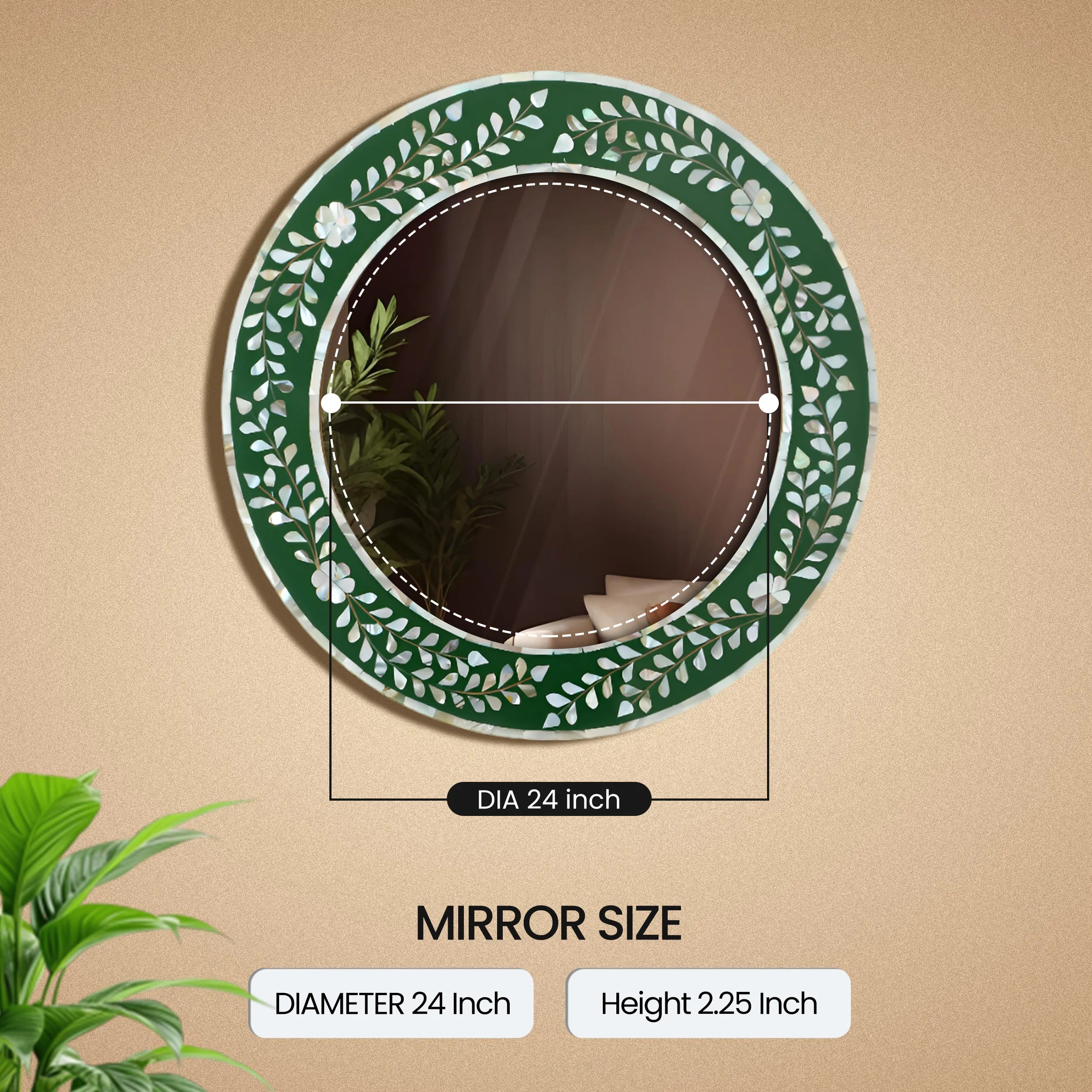 Make To Order Round Mother of Pearl & Resin Inlay Wall Hanging Green Mirror Frame- 12" Dia