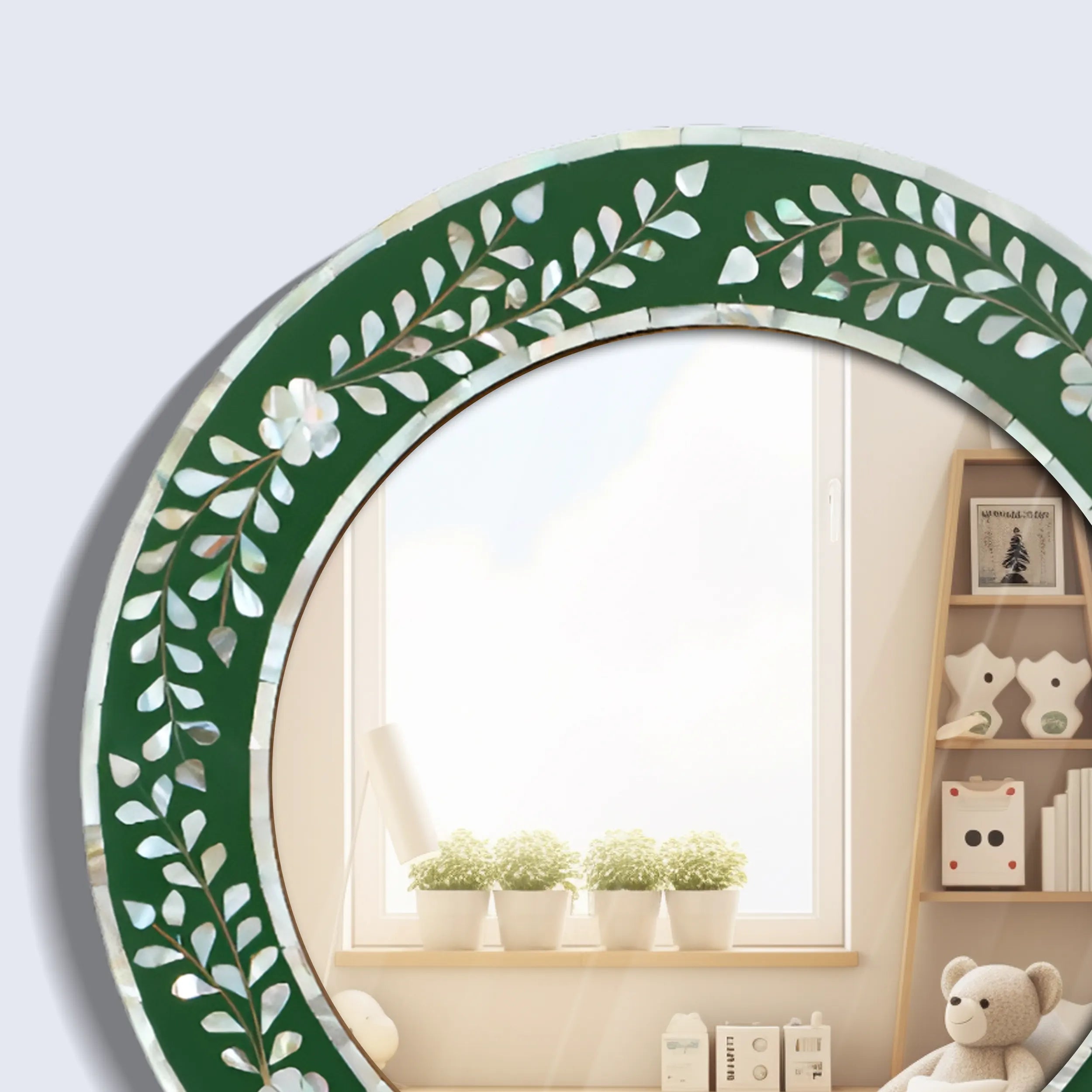 Make To Order Round Mother of Pearl & Resin Inlay Wall Hanging Green Mirror Frame- 12" Dia