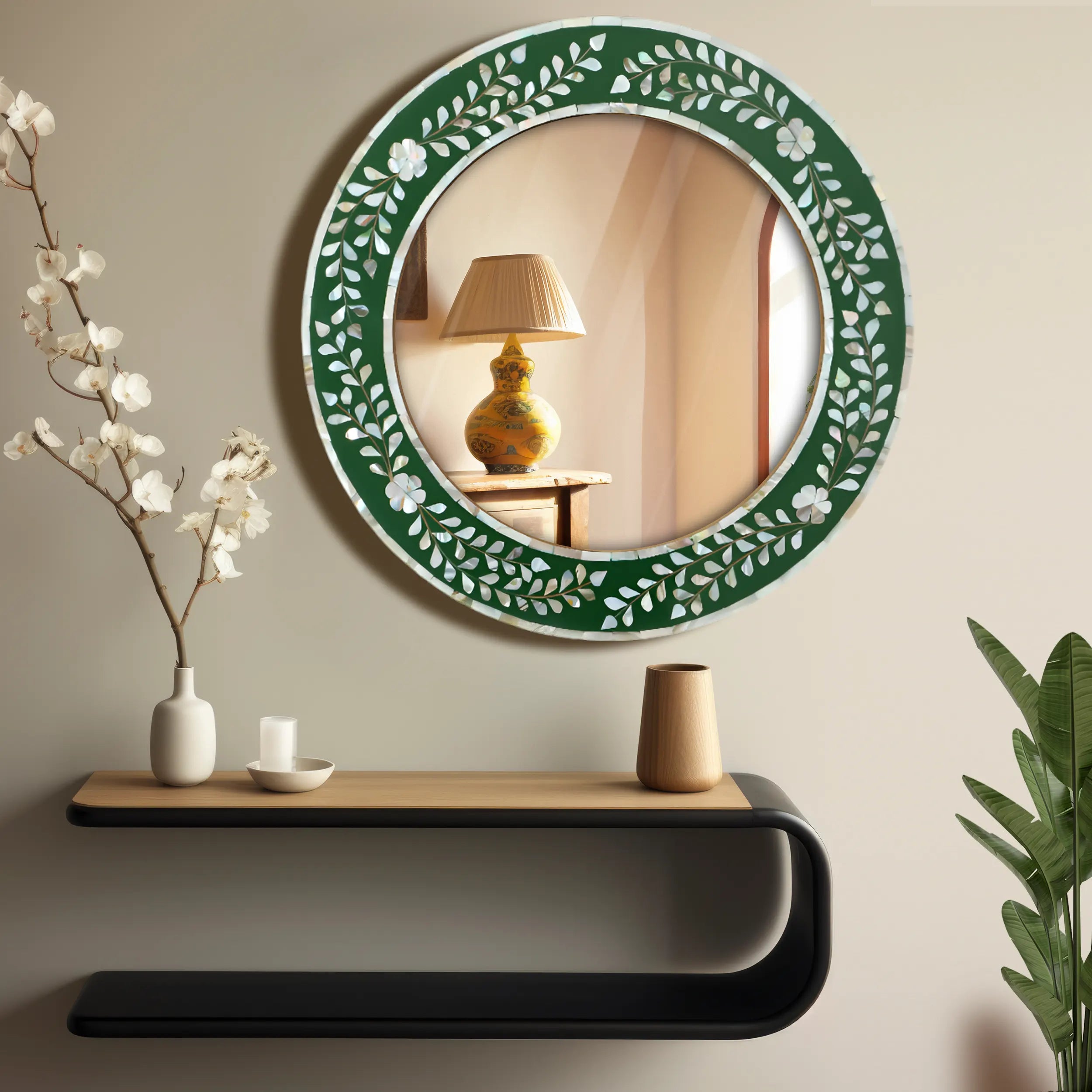 Make To Order Round Mother of Pearl & Resin Inlay Wall Hanging Green Mirror Frame- 12" Dia