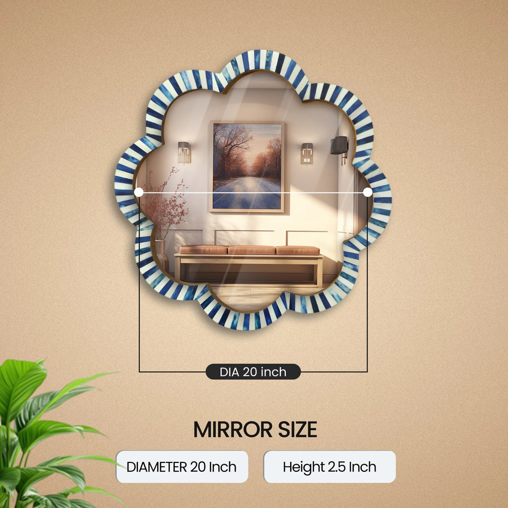 Make To Order Handmade Blue & White Bone Inlay Scalloped Wall Mirror – 18"