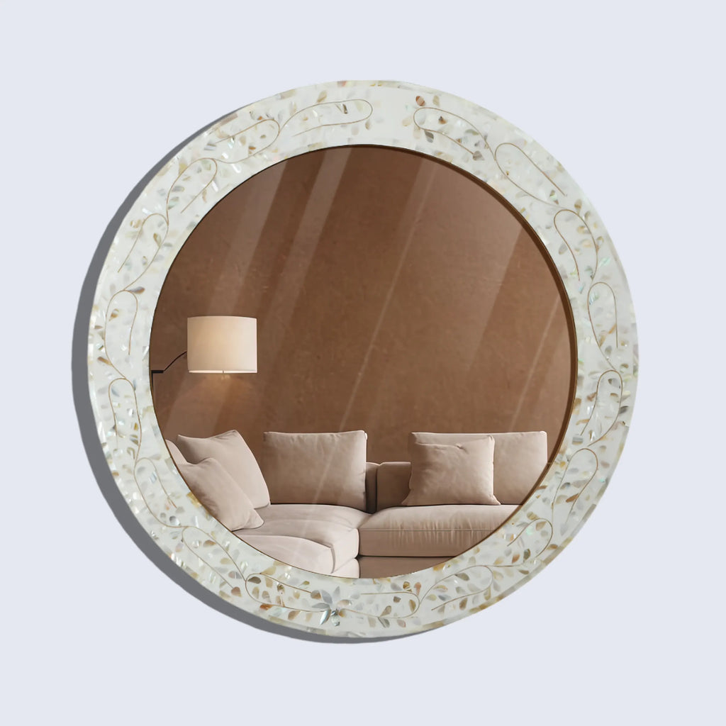 Make To Order Round Mother of Pearl & Resin Inlay Wall Hanging White Mirror Frame- 22" Dia