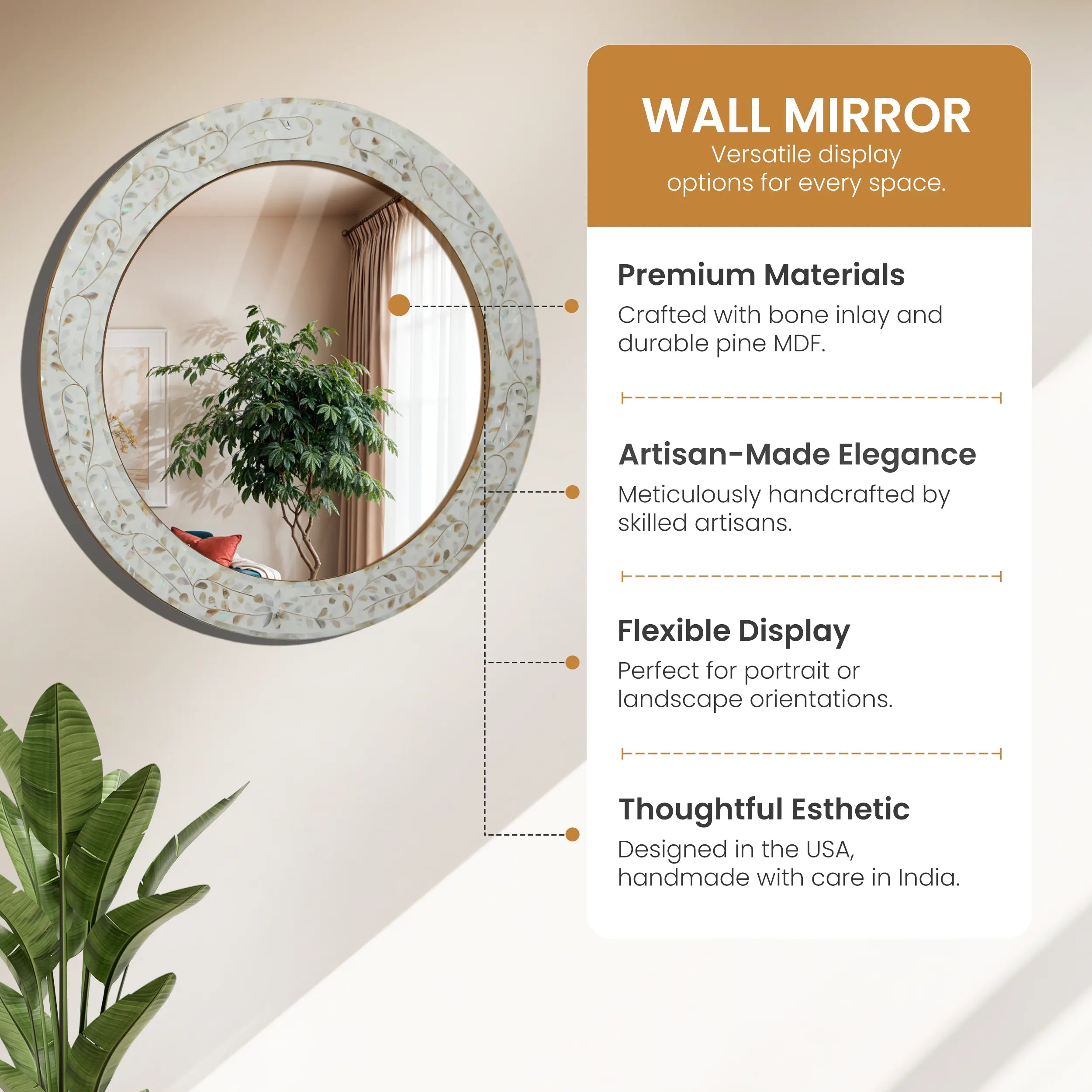 Make To Order Round Mother of Pearl & Resin Inlay Wall Hanging White Mirror Frame- 22" Dia