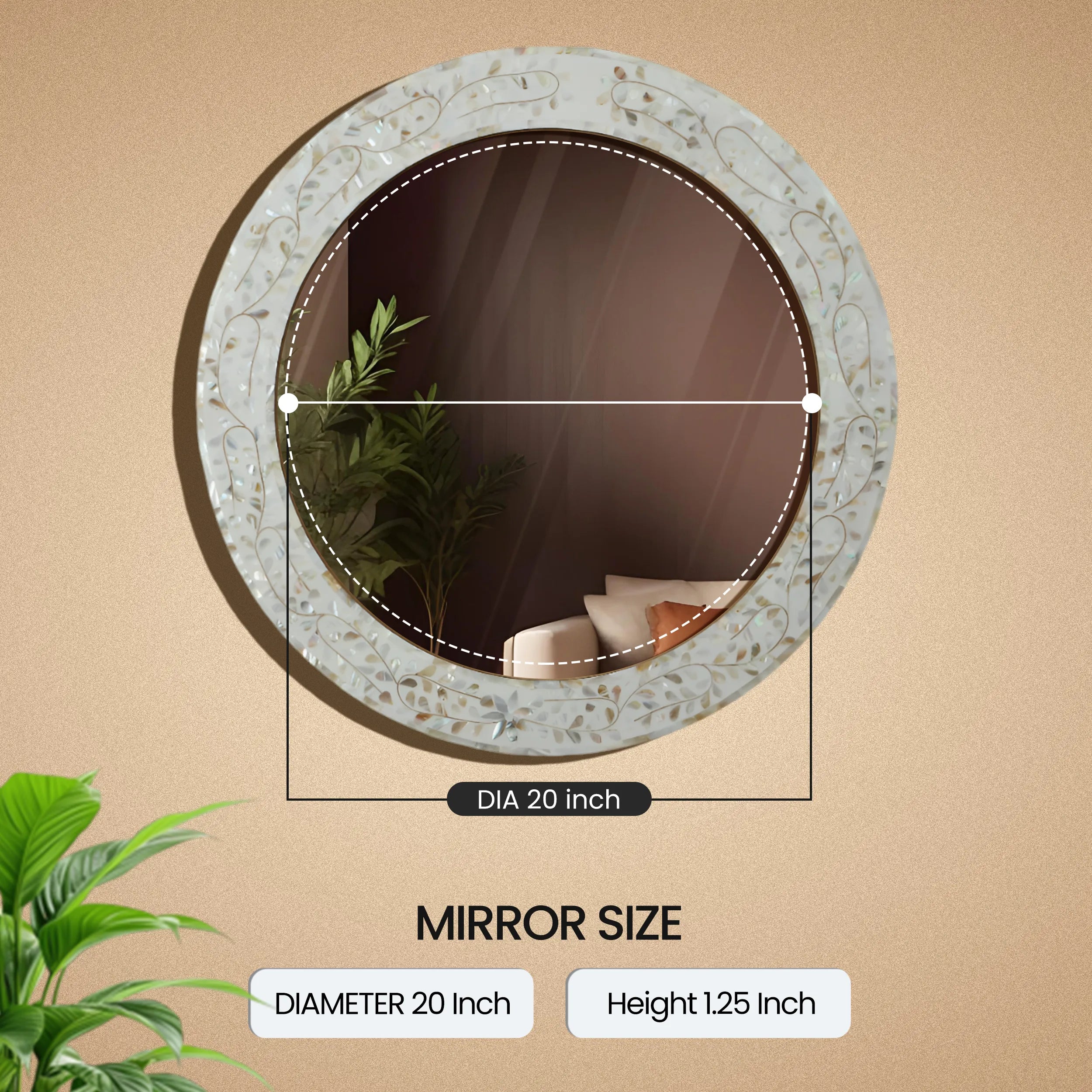 Make To Order Round Mother of Pearl & Resin Inlay Wall Hanging White Mirror Frame- 22" Dia