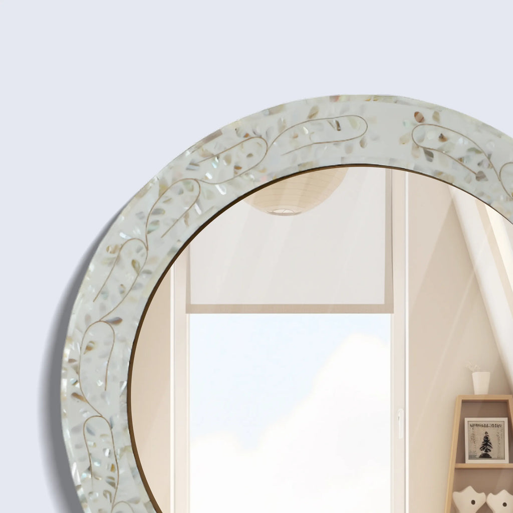 Make To Order Round Mother of Pearl & Resin Inlay Wall Hanging White Mirror Frame- 22" Dia
