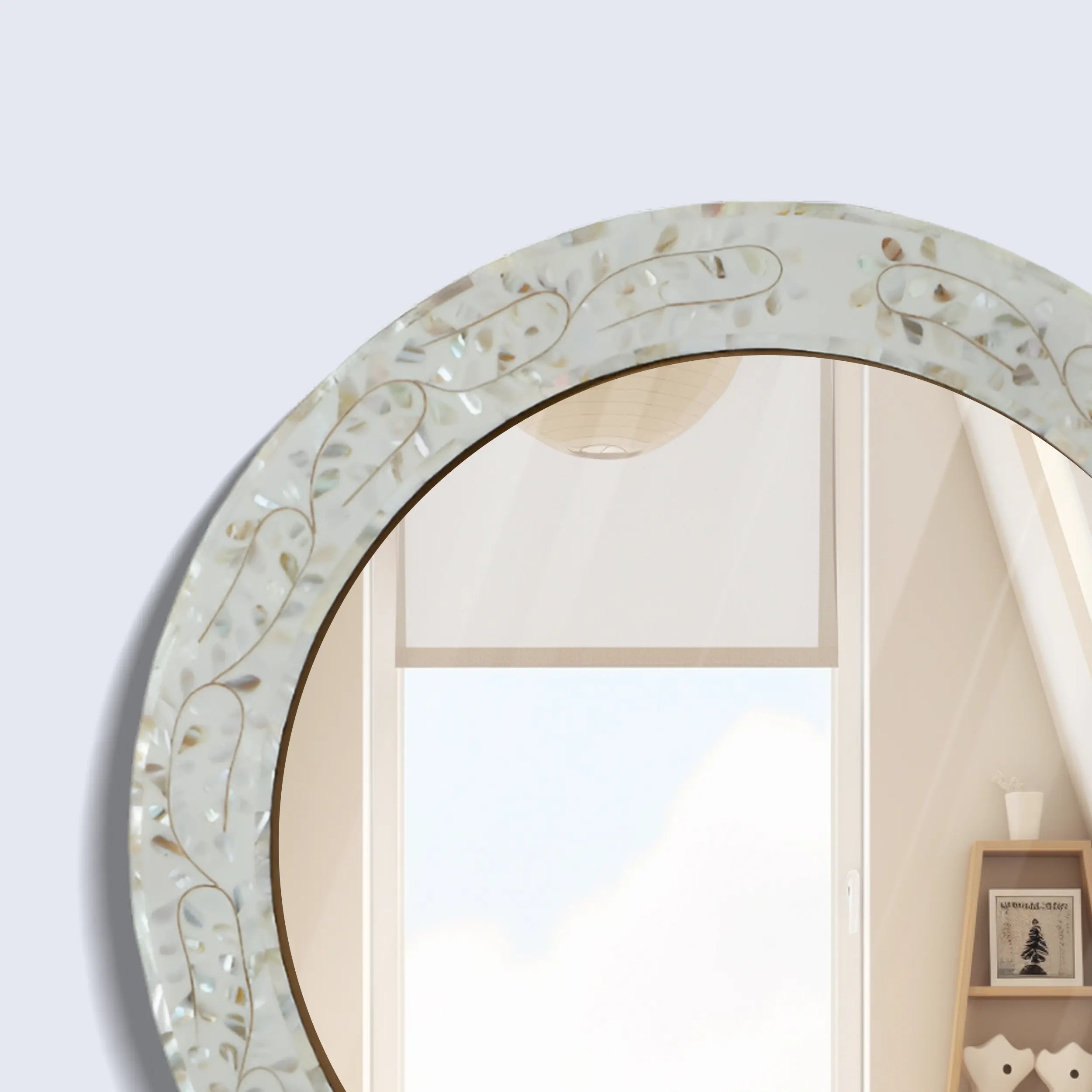 Make To Order Round Mother of Pearl & Resin Inlay Wall Hanging White Mirror Frame- 22" Dia