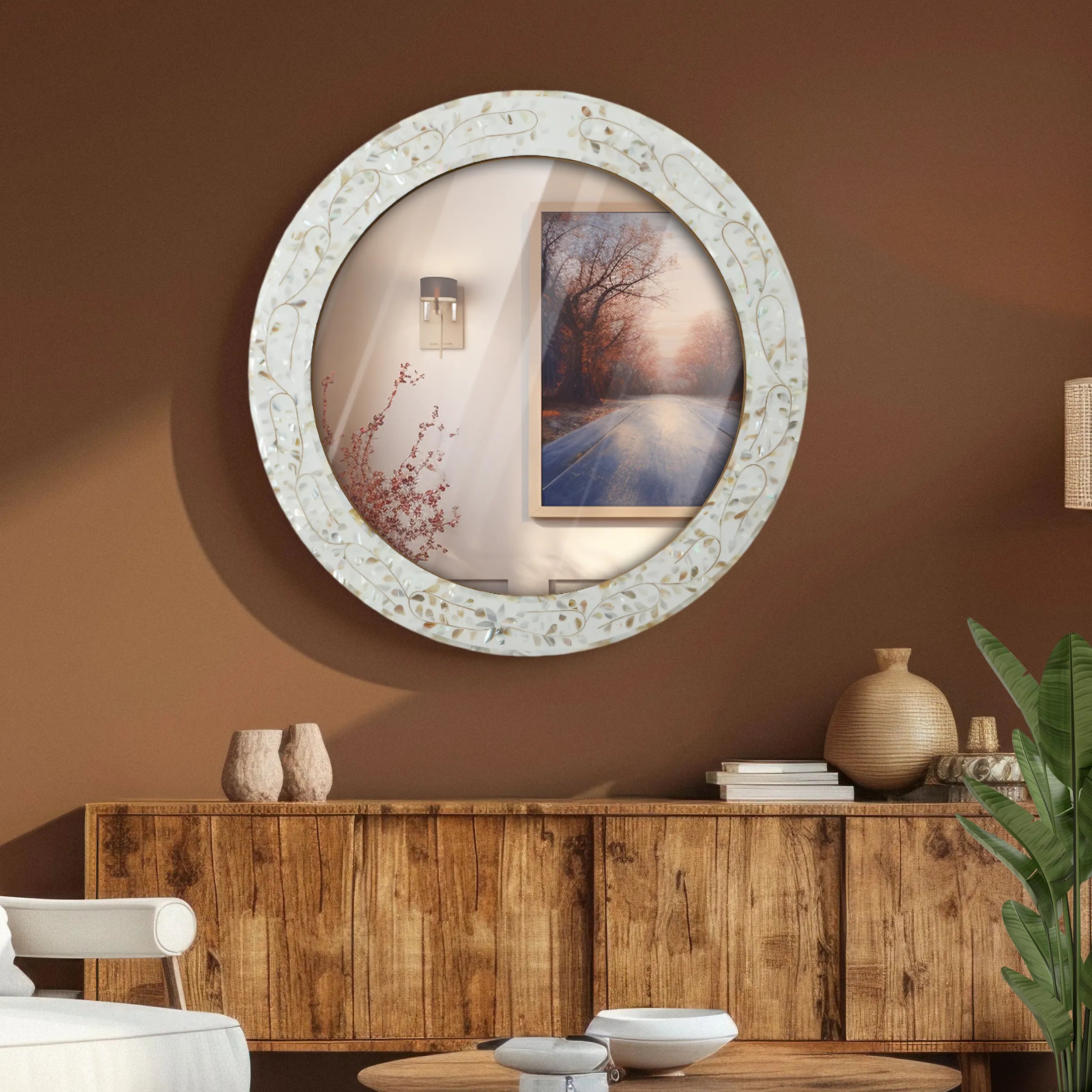 Make To Order Round Mother of Pearl & Resin Inlay Wall Hanging White Mirror Frame- 22" Dia