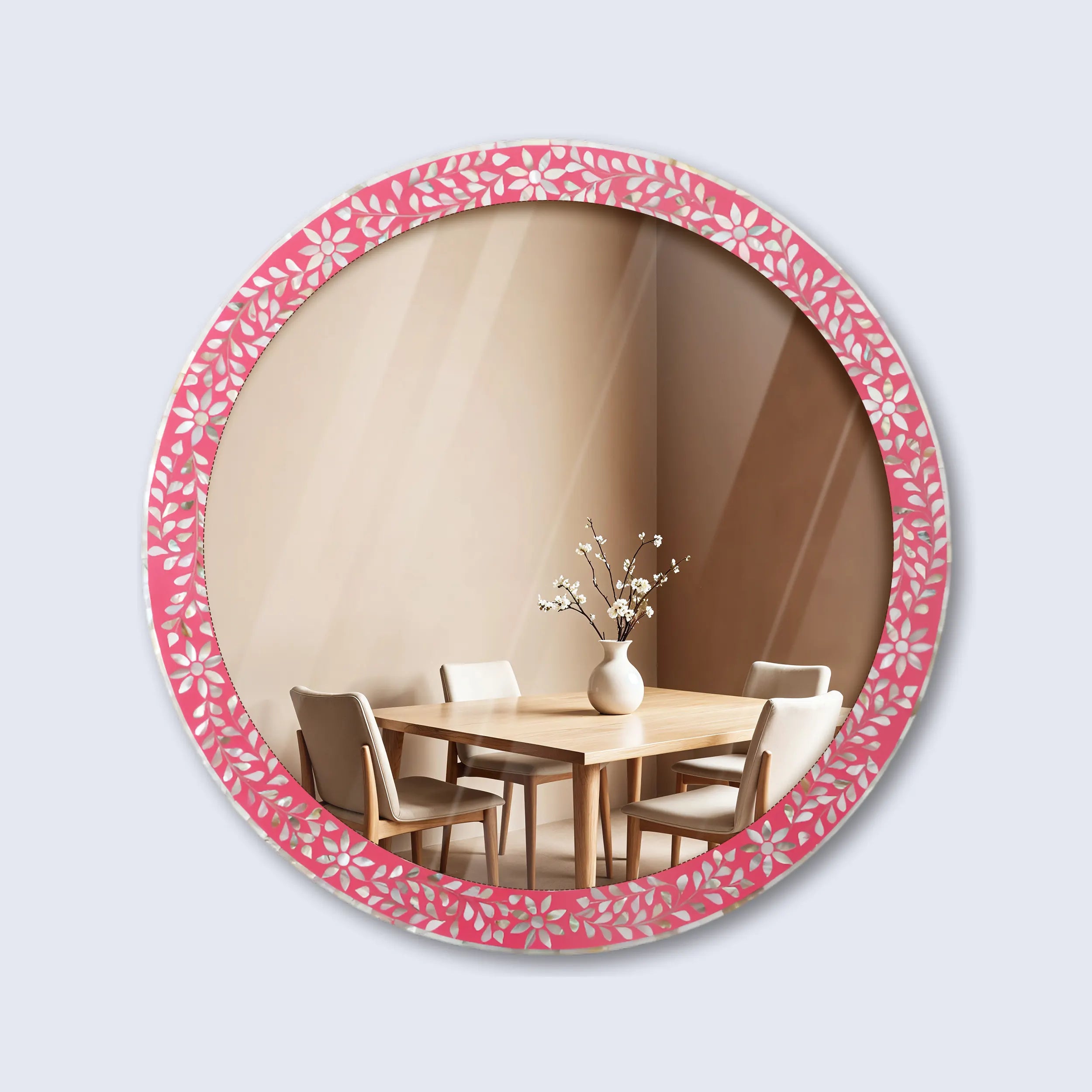 Make To Order Round Mother of Pearl & Resin Inlay Wall Hanging Pink Mirror Frame- 28" Dia
