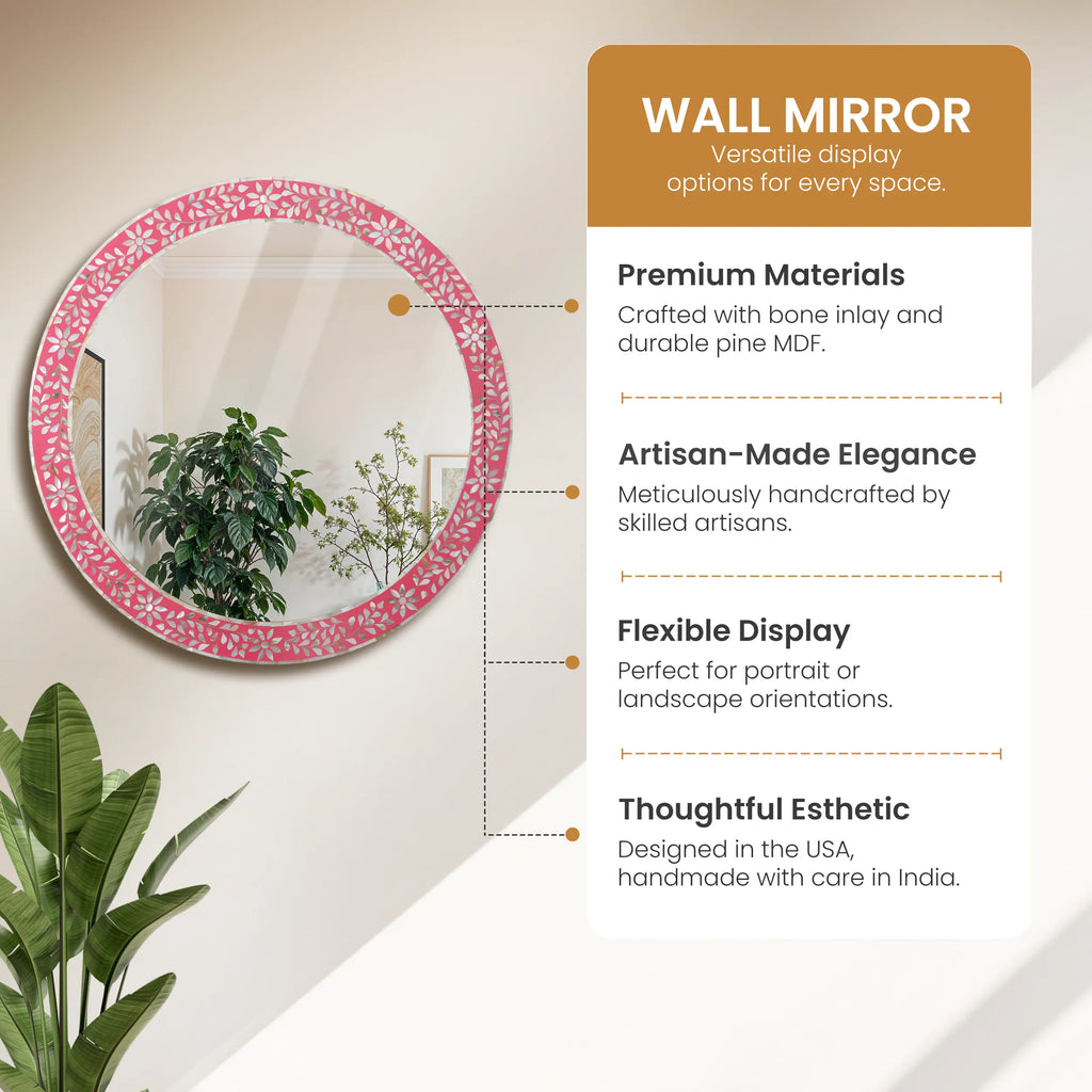 Make To Order Round Mother of Pearl & Resin Inlay Wall Hanging Pink Mirror Frame- 28" Dia