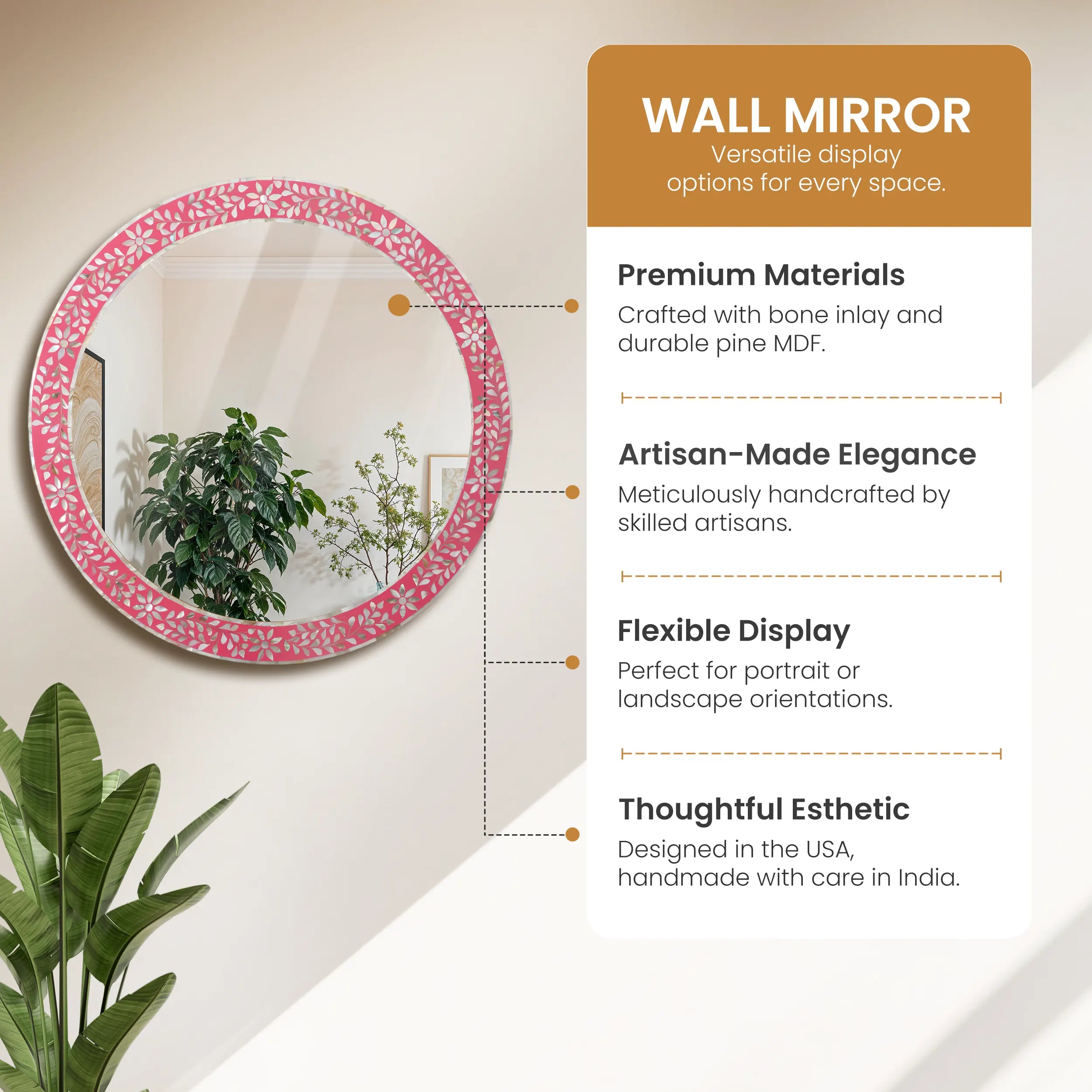 Make To Order Round Mother of Pearl & Resin Inlay Wall Hanging Pink Mirror Frame- 28" Dia