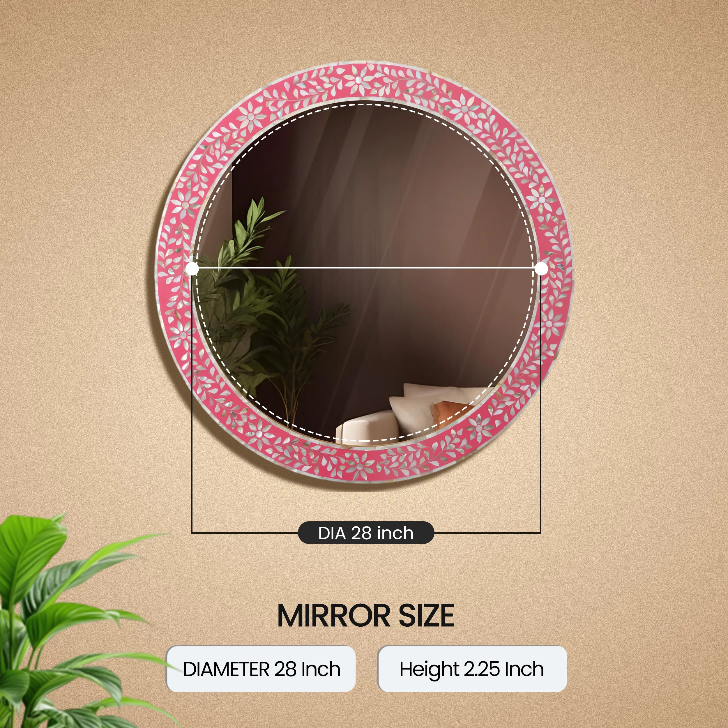 Make To Order Round Mother of Pearl & Resin Inlay Wall Hanging Pink Mirror Frame- 28" Dia