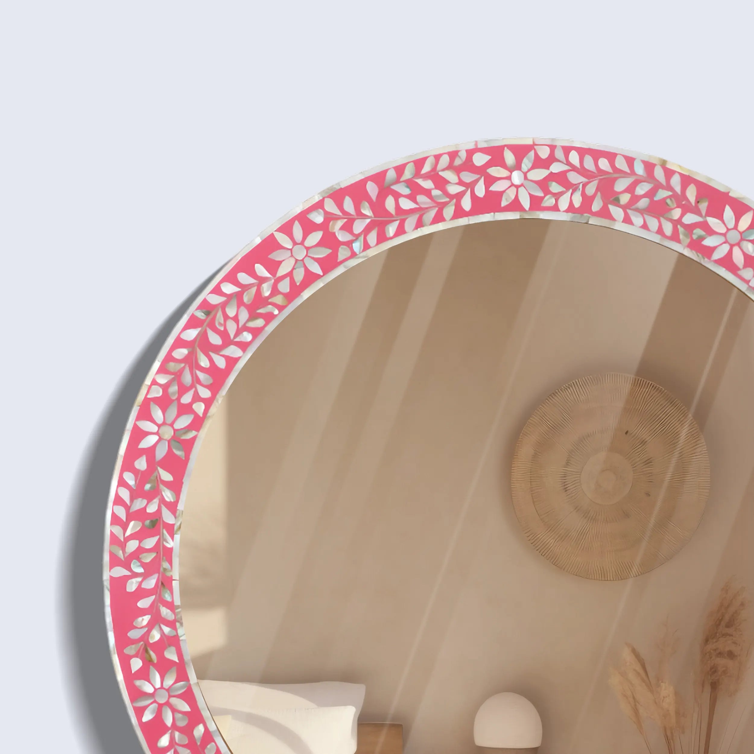 Make To Order Round Mother of Pearl & Resin Inlay Wall Hanging Pink Mirror Frame- 28" Dia