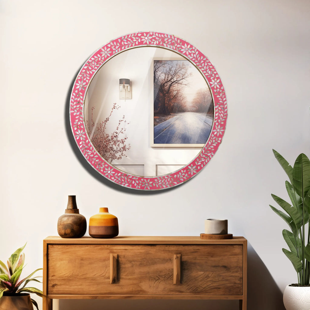 Make To Order Round Mother of Pearl & Resin Inlay Wall Hanging Pink Mirror Frame- 28" Dia