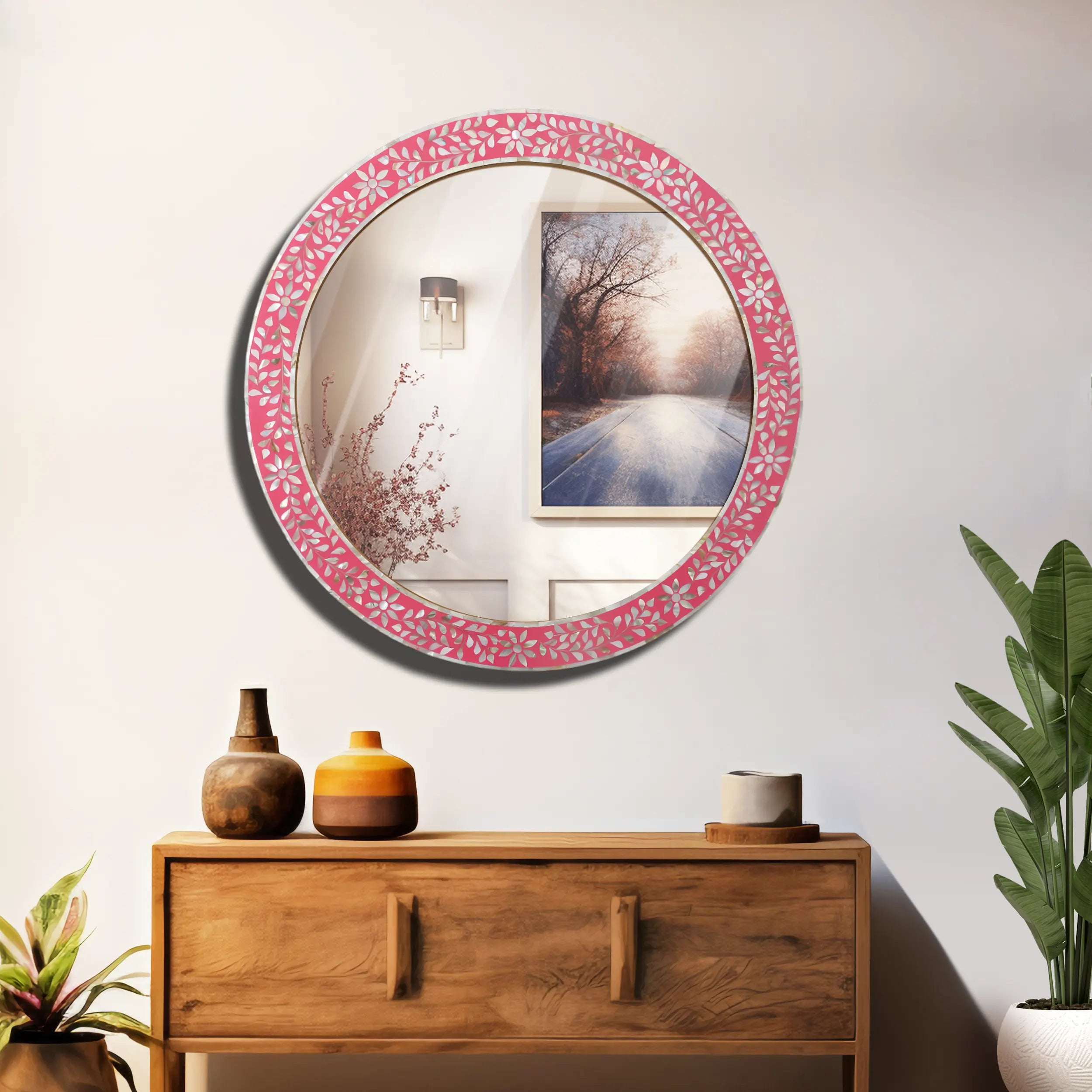 Make To Order Round Mother of Pearl & Resin Inlay Wall Hanging Pink Mirror Frame- 28" Dia