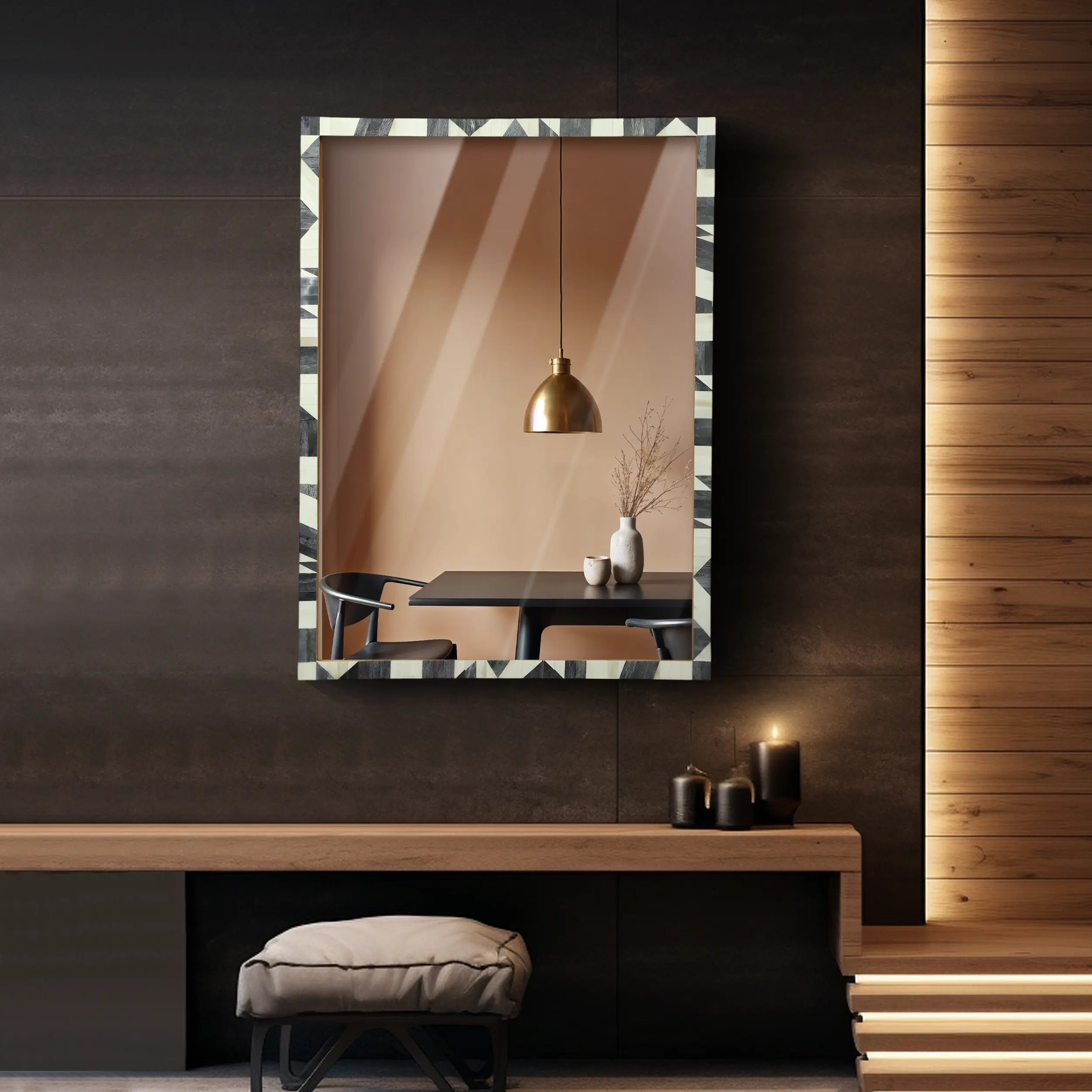 Make To Order Handmade Bone Inlay Geometric Pattern Wall Mirror Frame – 36”x26”