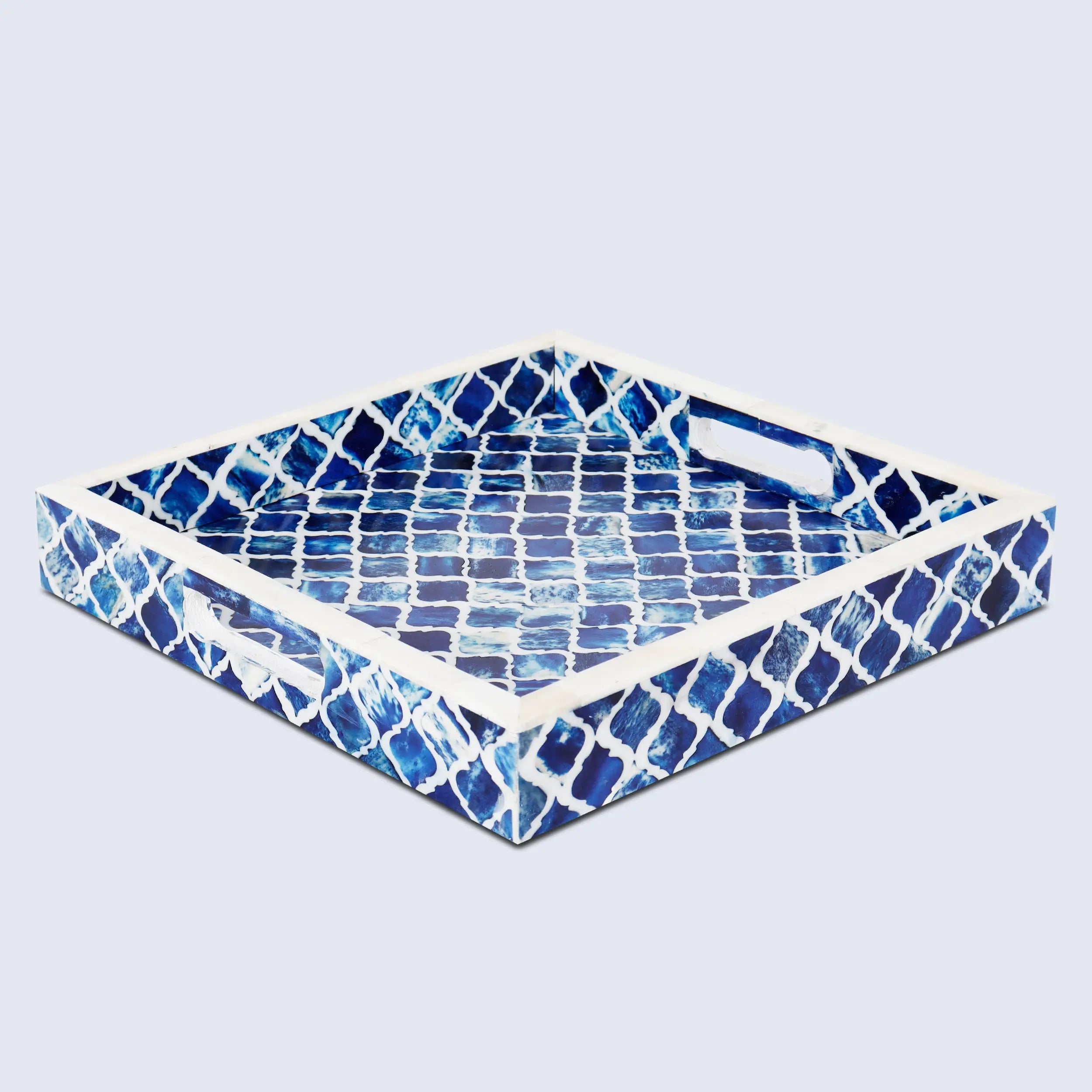 Decorative Tray Moroccan Pattern Bone & Resin Inlay Collection in 3 Sizes, Blue & White