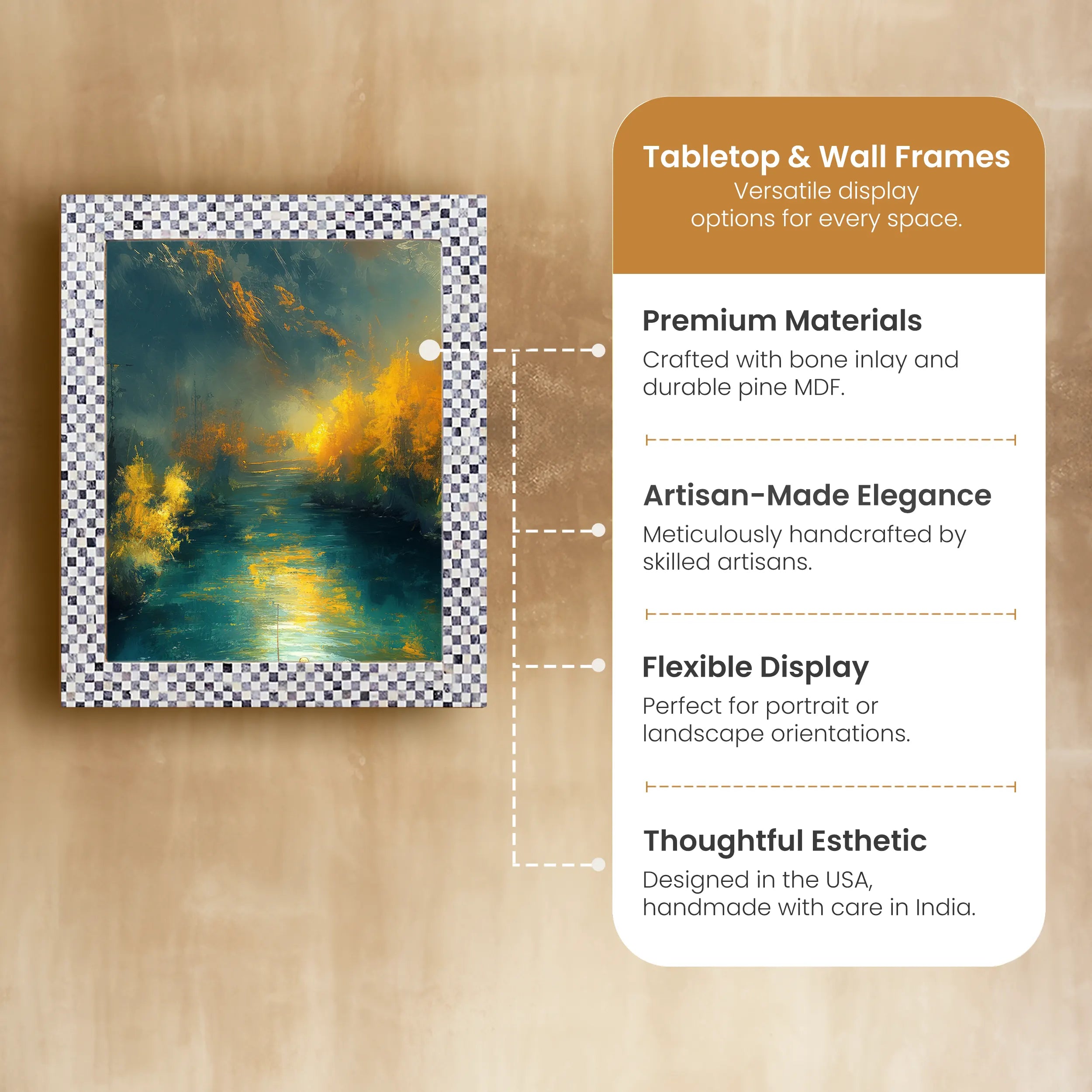 Poster Picture Frame Checkered Pattern Bone Inlay Collection in 3 Sizes