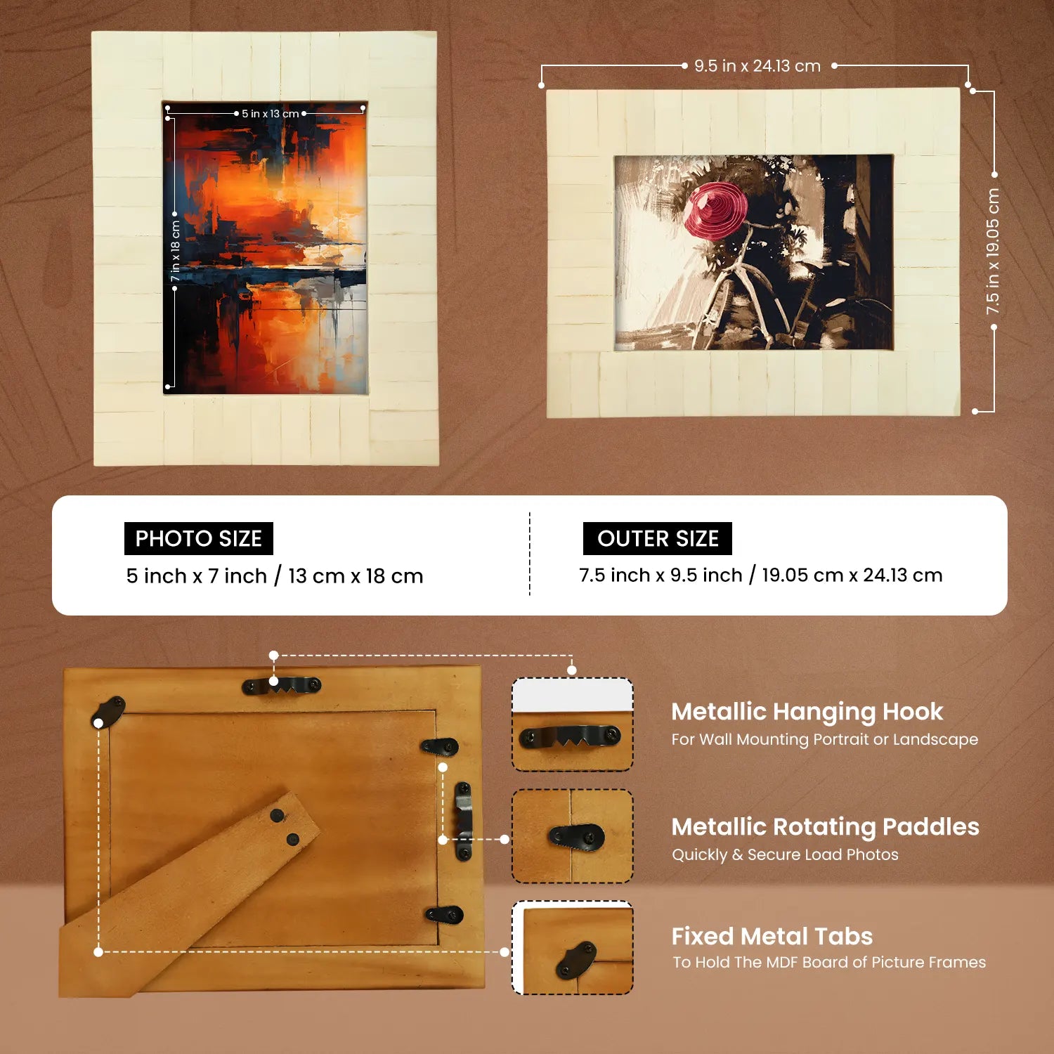 Picture Frames Classic Pattern Bone Inlay Collection in 2 Sizes, Make to Order, White