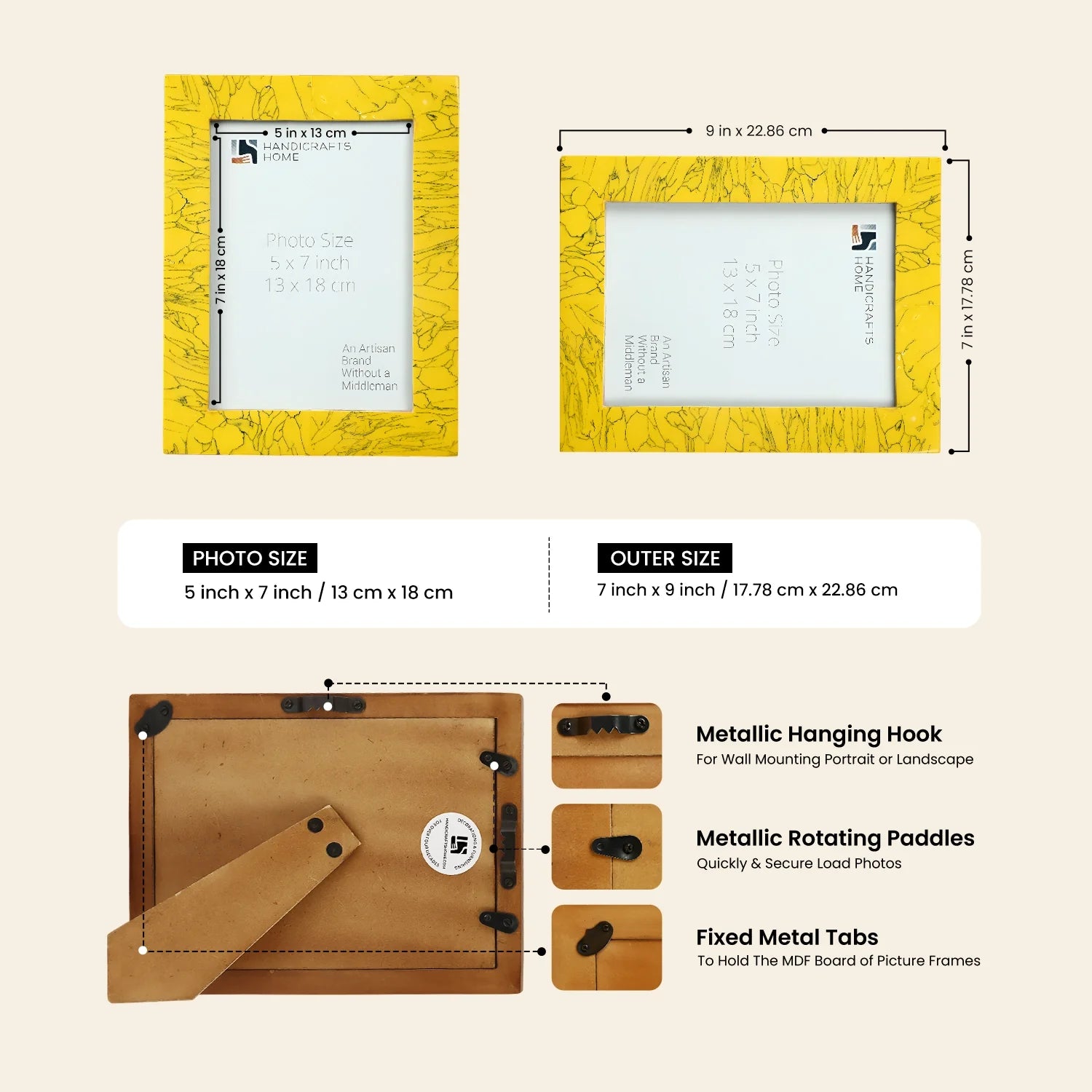 Resin Inlay Handmade Yellow Picture Frame for Wall & Tabletop - 5x7