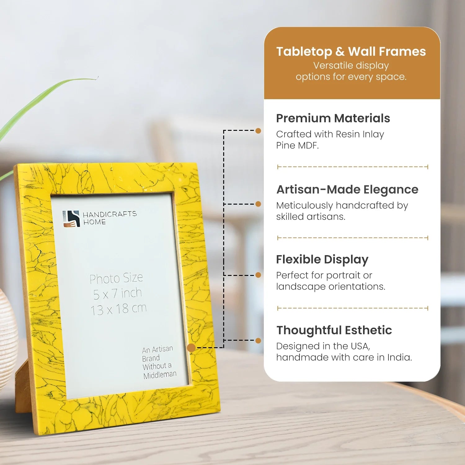 Resin Inlay Handmade Yellow Picture Frame for Wall & Tabletop - 5x7