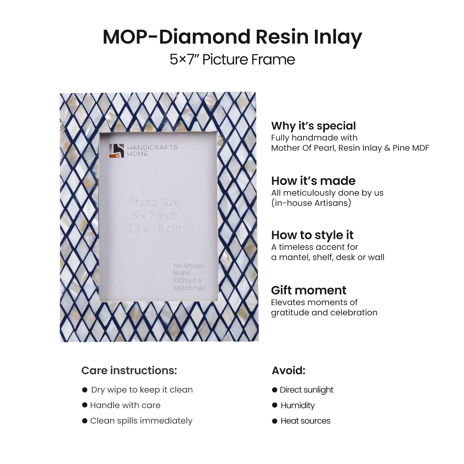 Navy & Pearl Mother of Pearl Diamond Photo Frame - 5x7