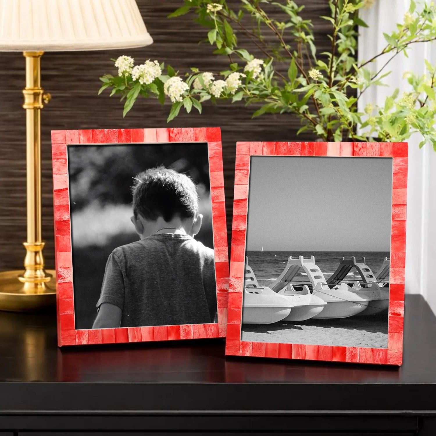 Picture Frames Classic Pattern Bone Inlay Collection in 3 Sizes, Pack of 2 - Red
