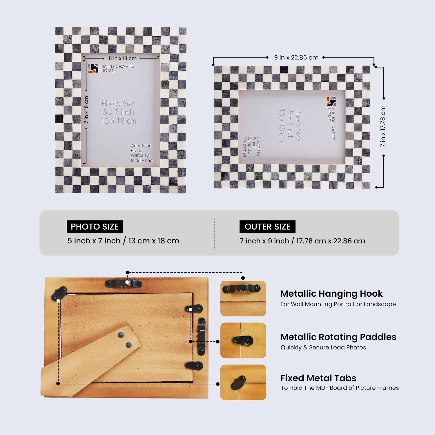 Picture Frame Checked Pattern inspired Bone Inlay, Grey & White - 4x6 & 5x7